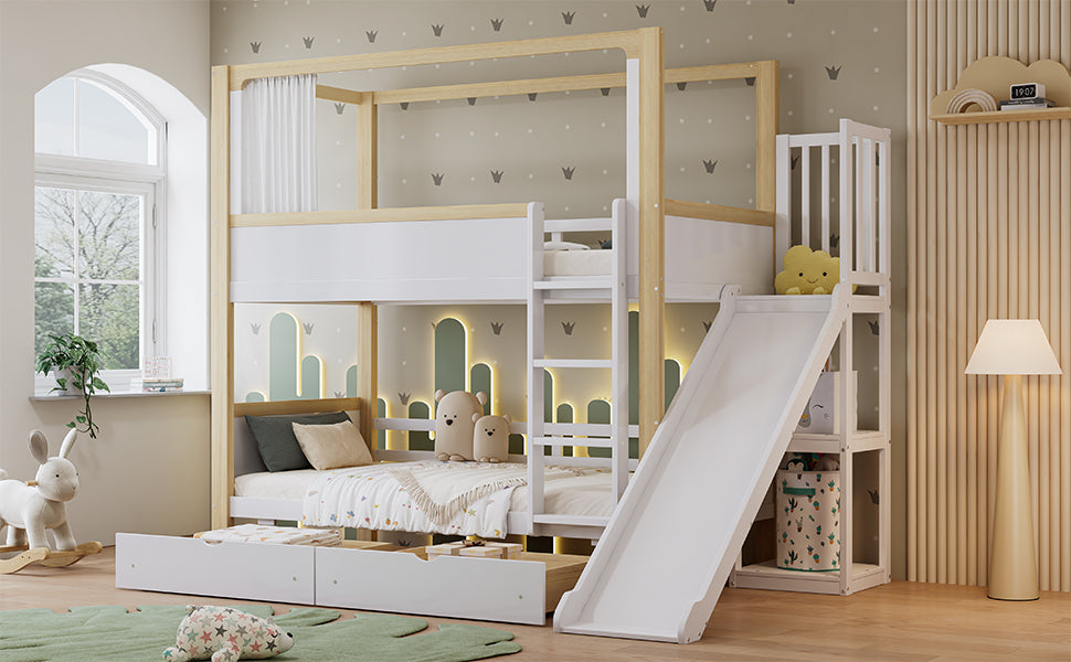 Bunk Bed, Children's with Drawers, Slide & Fabric Curtain, Pine, MDF, Plywood, White & Natural, 90x200cm