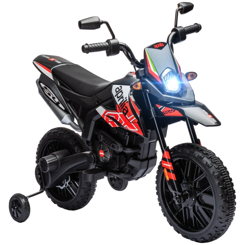 12V Aprilia Kids Motorbike with Training Wheels, Suspension, LED Headlight, USB, Music, Red/Black