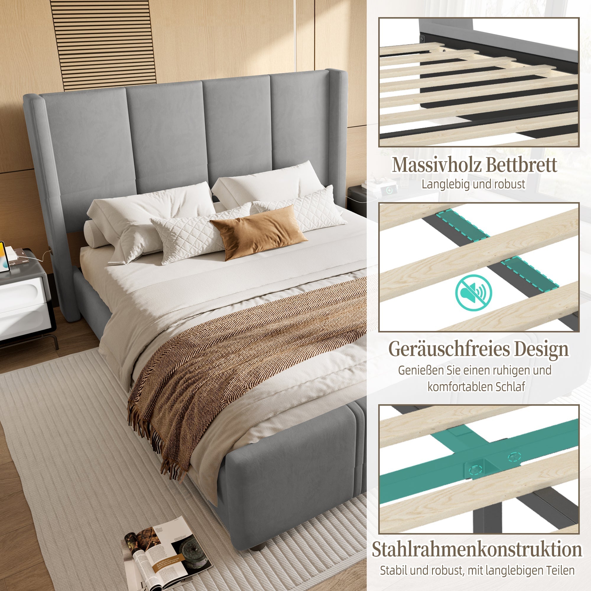 Upholstered Bed Frame, 160x200cm Modern with USB Port, Iron & Wood, Grey