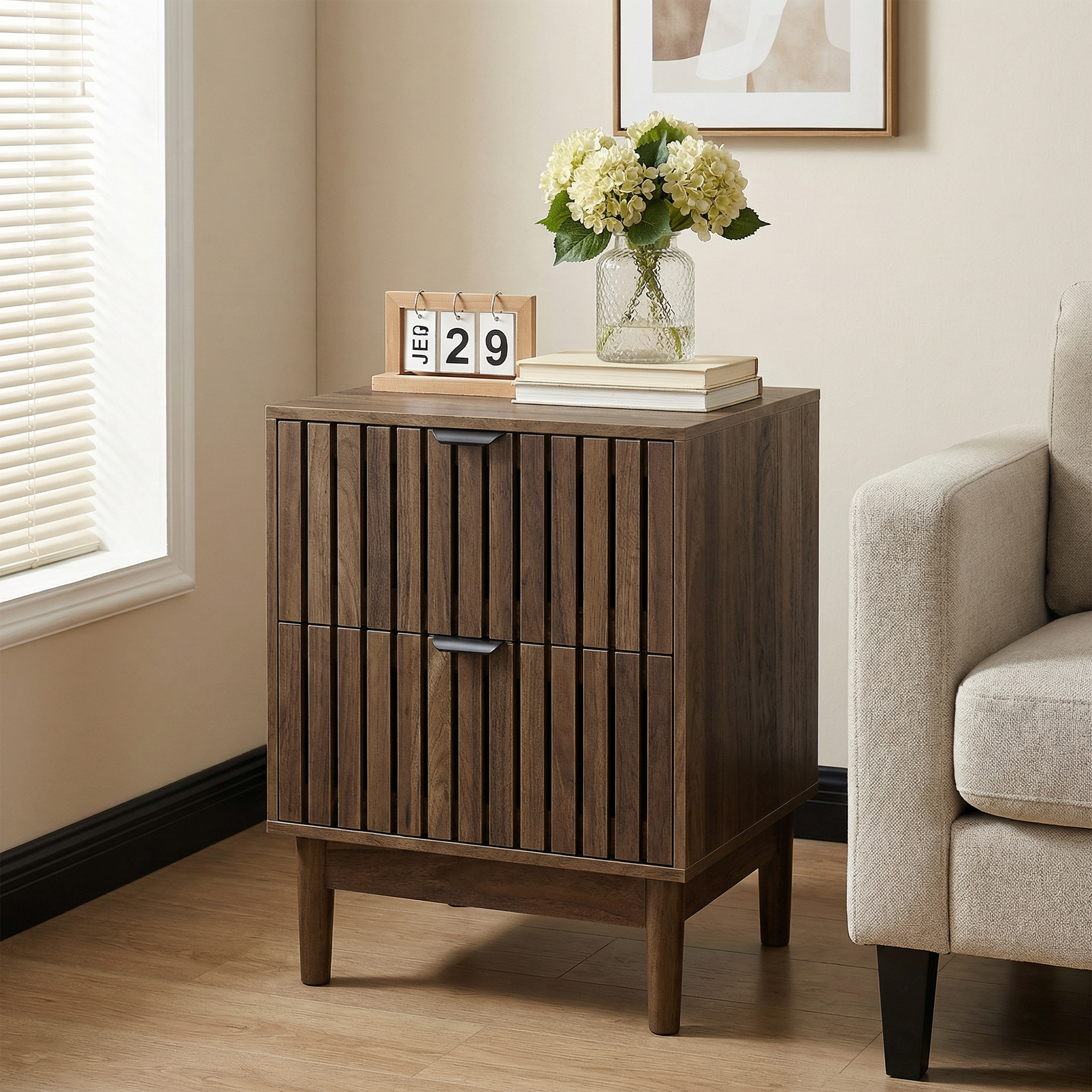 Mid-Century Modern Nightstand with Two Drawers and Slatted Design, 45 x 39 x 56.5 cm, Walnut Wood