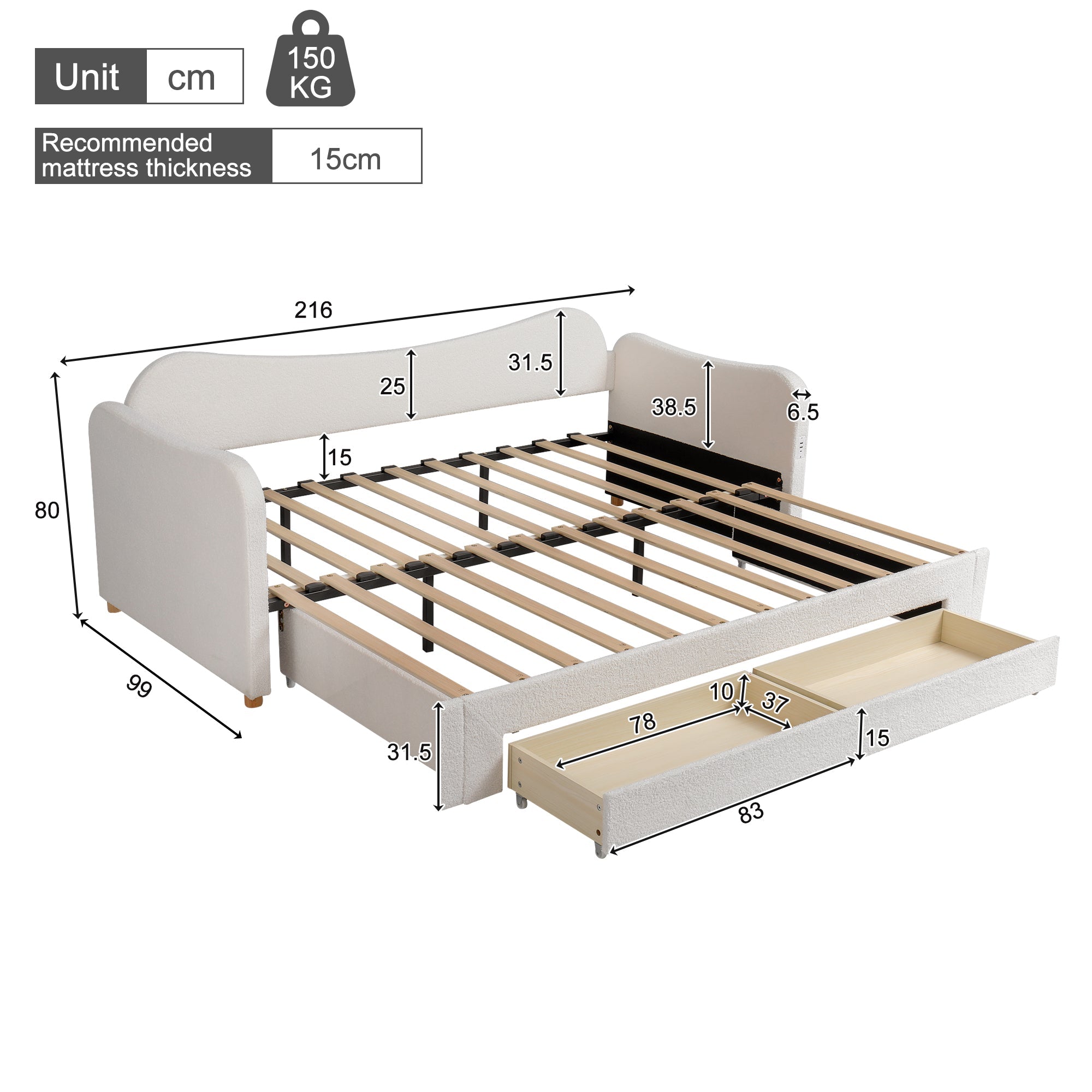 Upholstered Daybed with 2 Drawers, USB Port and Extendable Frame, 90-180x200cm, Beige Bouclé