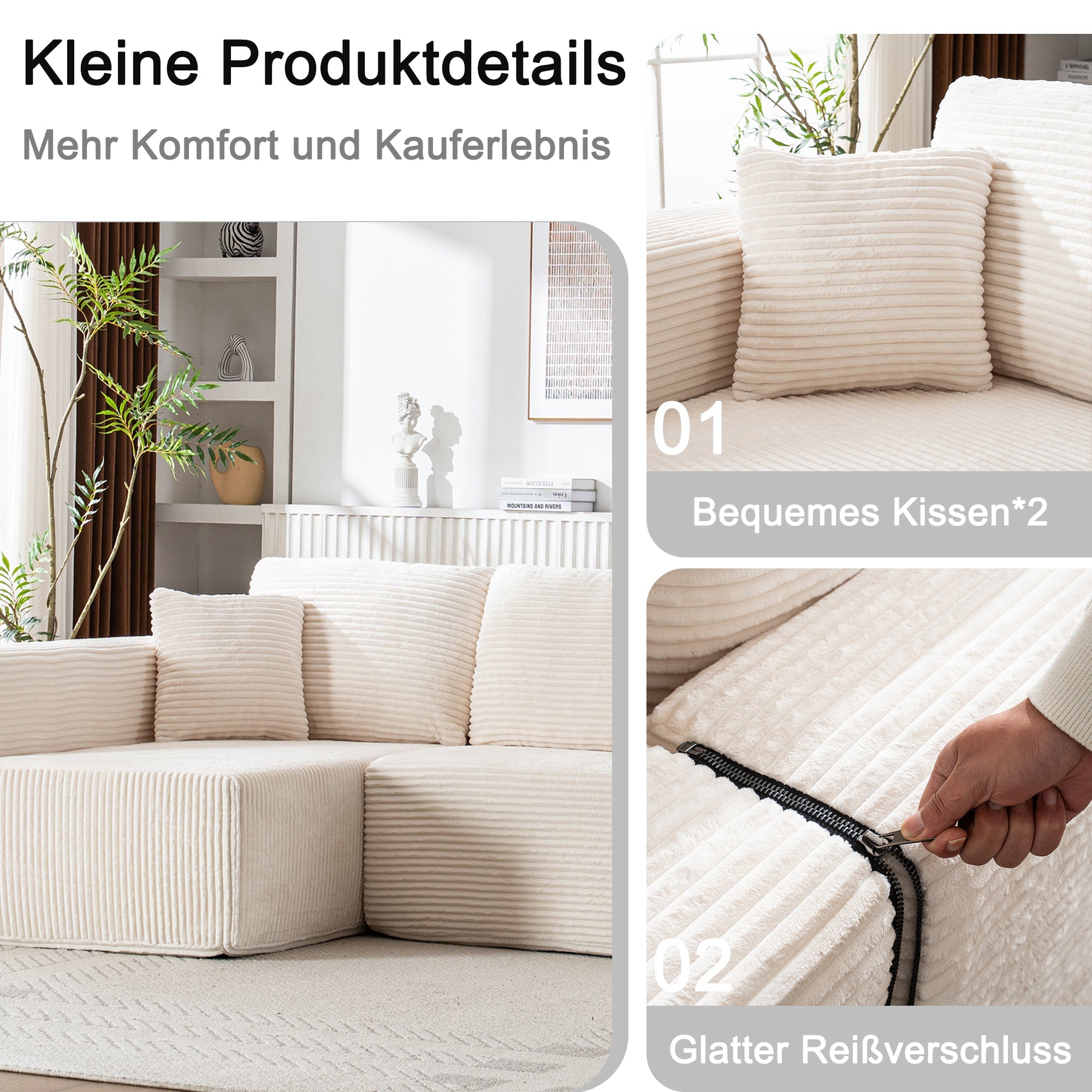 L-Shaped Cloud Sofa, Modern Modular Chaise Lounge, No Assembly, Core Fabric