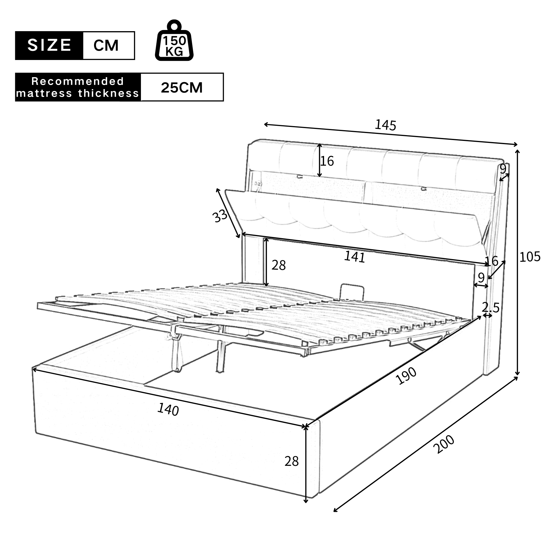 Upholstered Bed 140x190cm Hydraulic Storage Hidden Headboard Storage - PU White