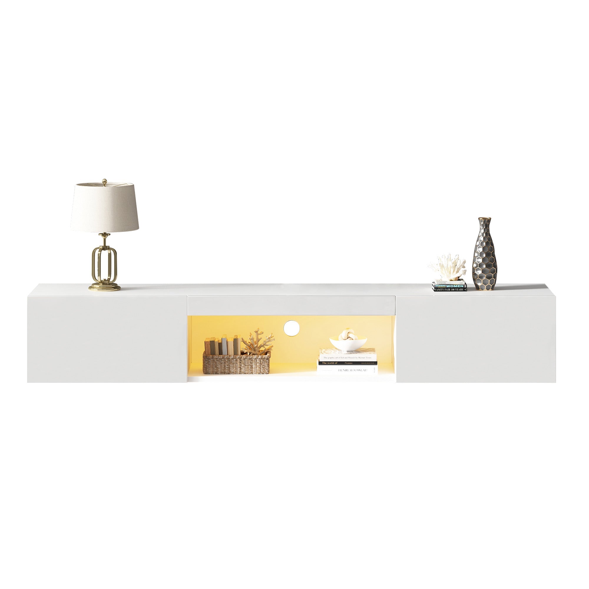 Wall Cabinet, 160x31x22cm for 70-inch TV, 30kg load, LED lighting, Bluetooth APP, high-gloss white