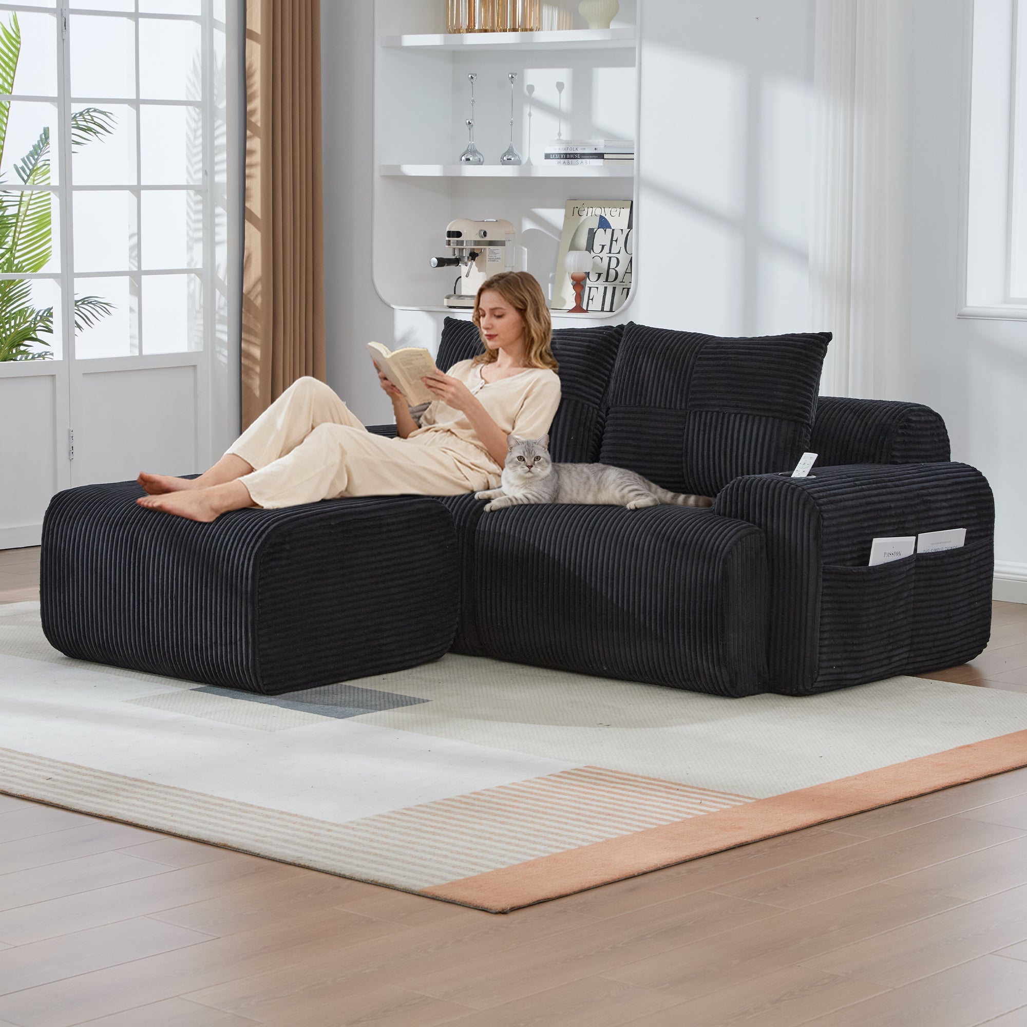 Modular 2-Seater Sofa with Ottomans, Cup Holders and Storage Pockets, Black Corduroy