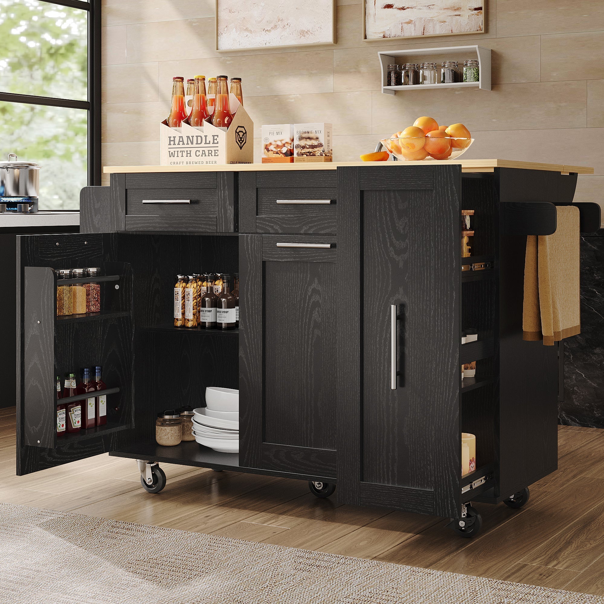 Modern Kitchen Island Buffet Cabinet Dining Table Storage Cart Wood Grain Black