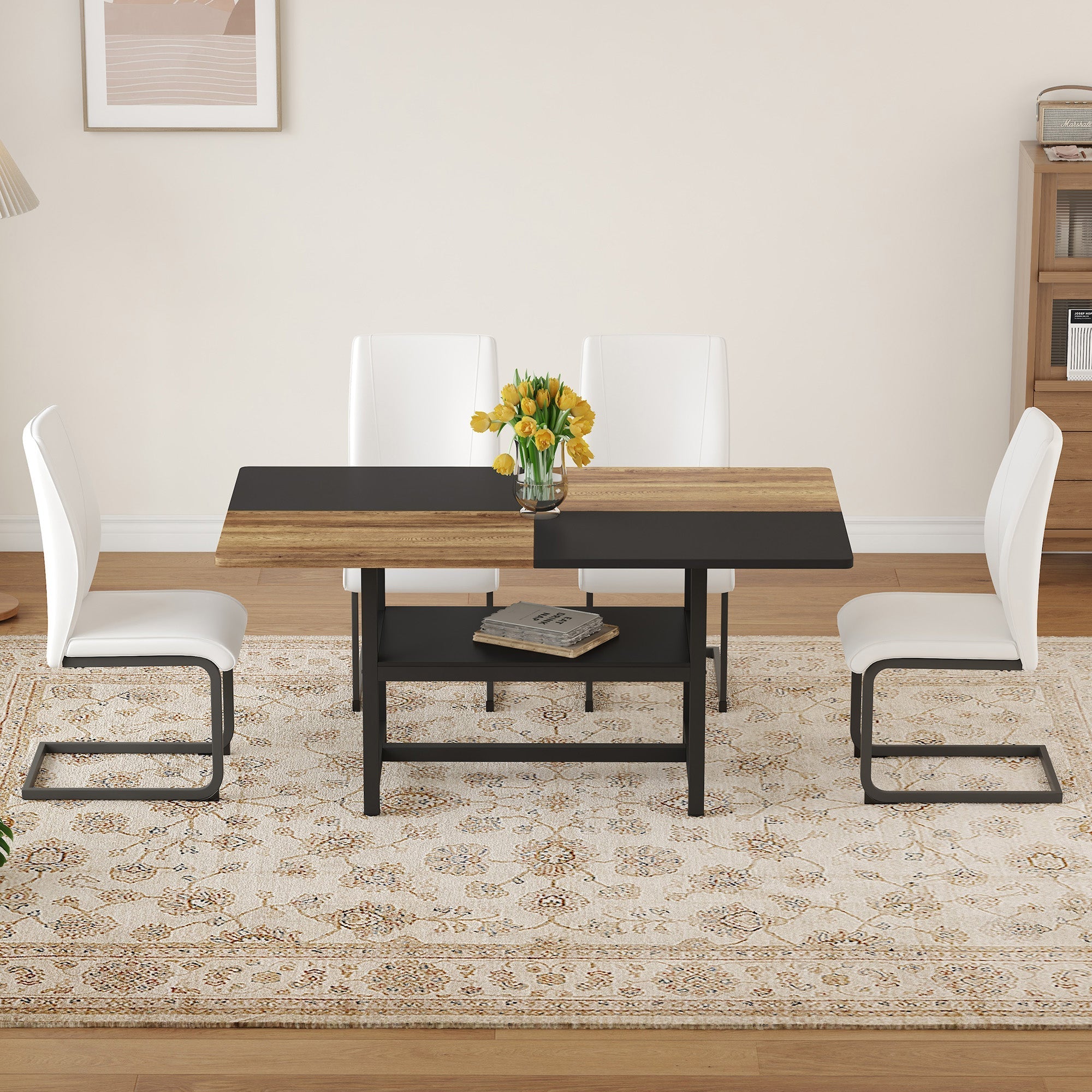 Table Set Rectangular Dining Table Storage Shelf 4 Armchairs Faux Leather White