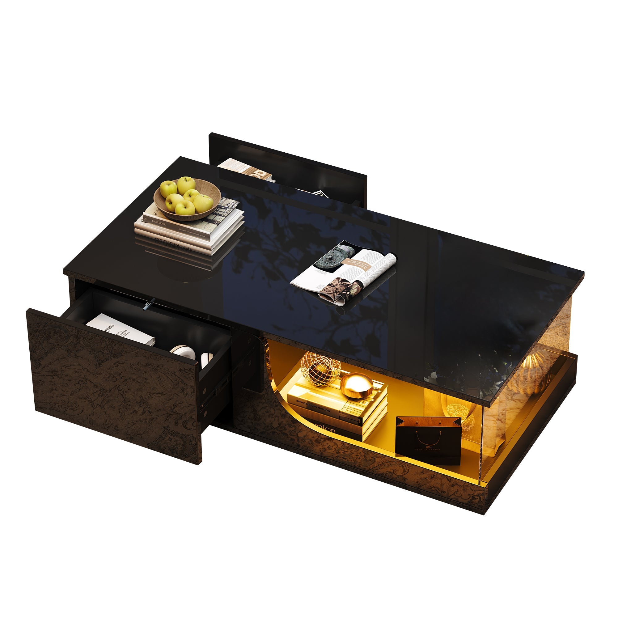 Coffee Table, 100x50x30cm, 2-Drawer High-Gloss with LED, Tempered Glass, Black
