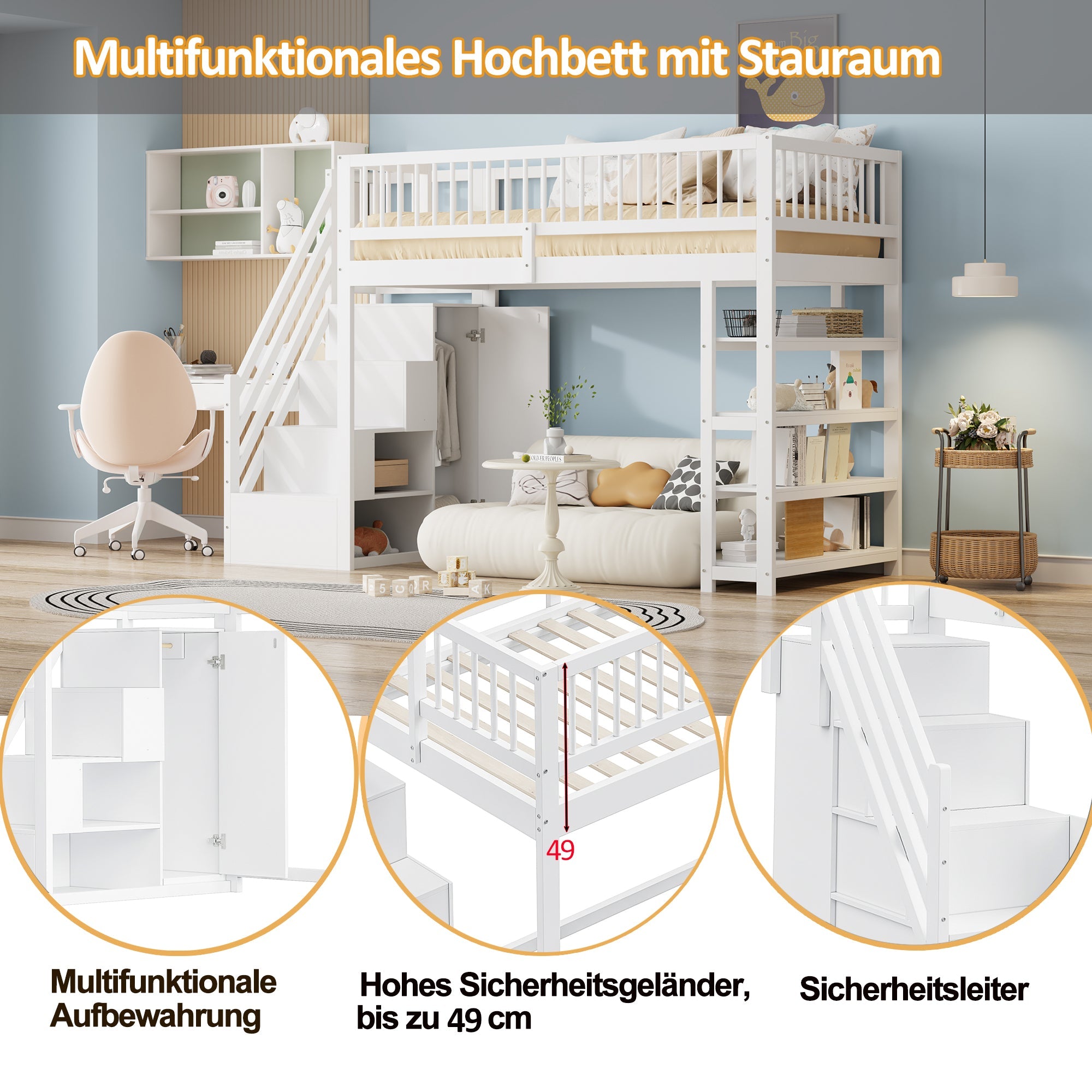 Loft Bed, 90x200 Multifunctional with Wardrobe, Shelves, Ladder, Solid Wood, White