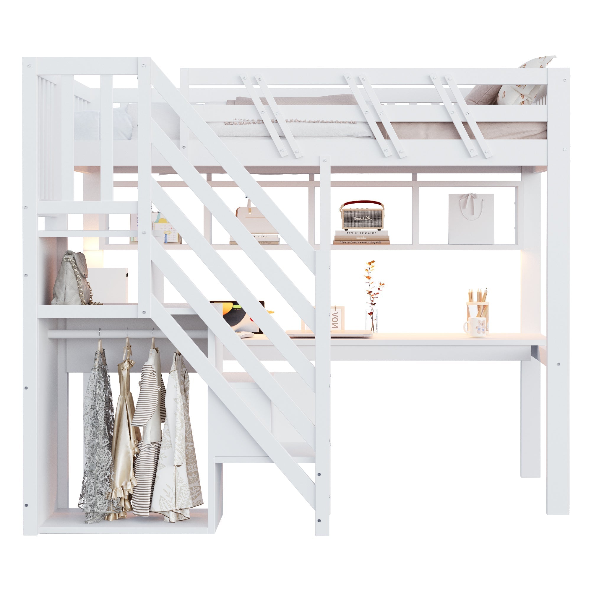 Solid Wood Loft Bed 90x200cm with Stairs Storage Cabinet Desk USB LED - White