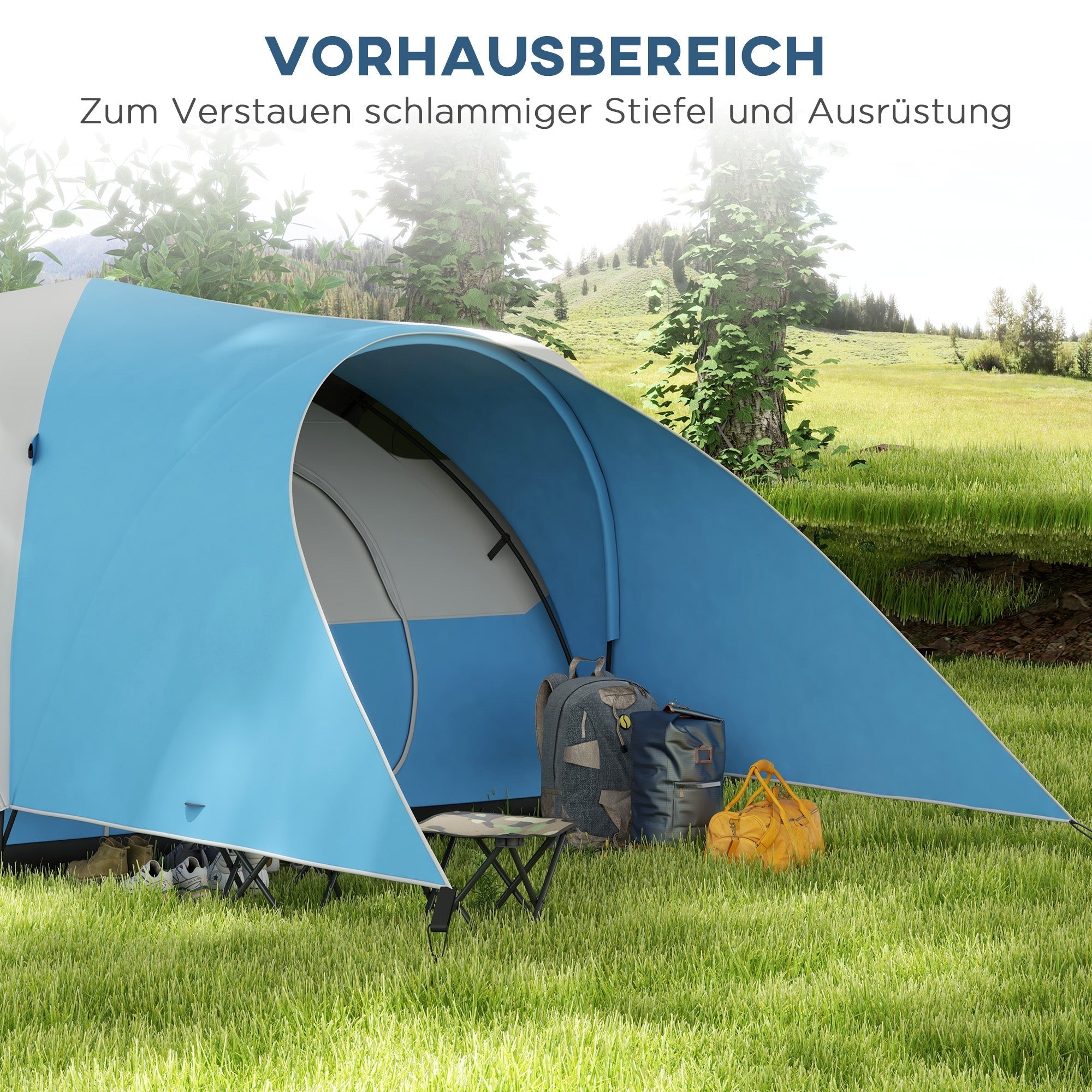 Tunnel Tent, Family Camping, Water-Repellent, 6 Person, Blue