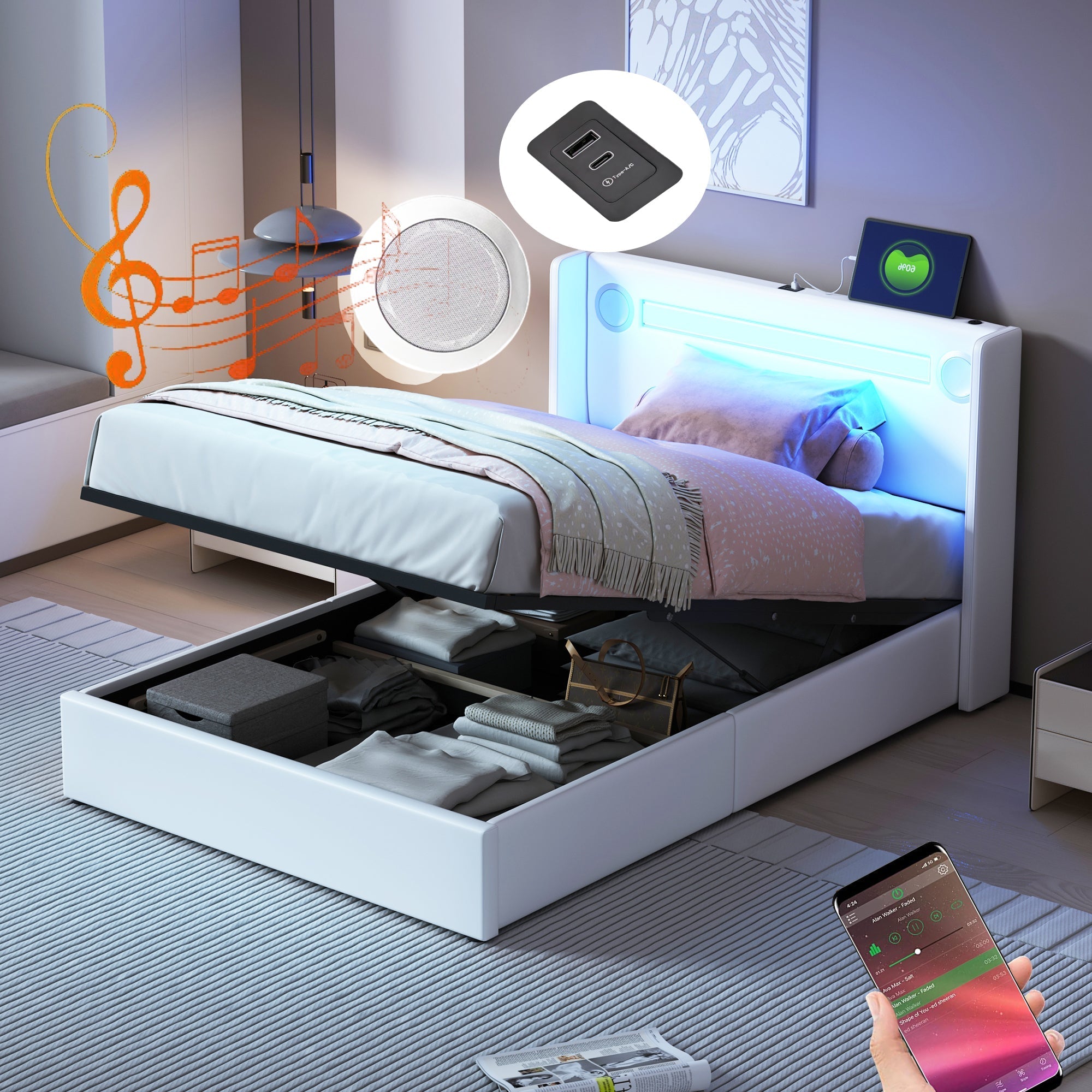 Children's Upholstered Bed 90x200 with LED, Bluetooth, USB, PU Leather