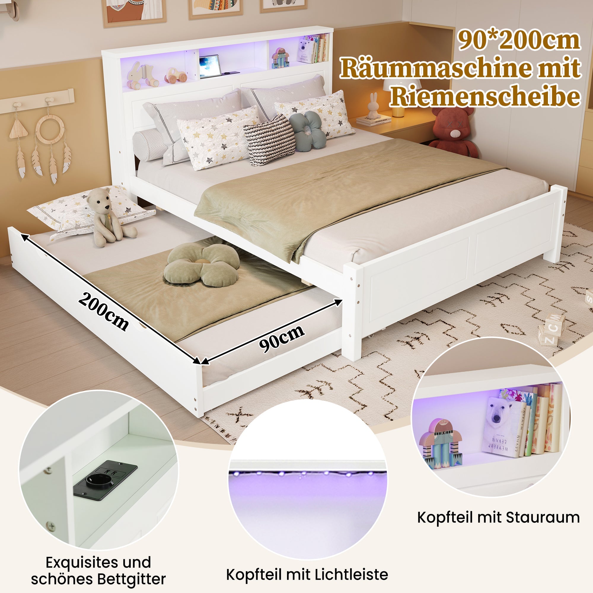Double Bed with Pull-out LED/USB Storage, Pine+MDF White