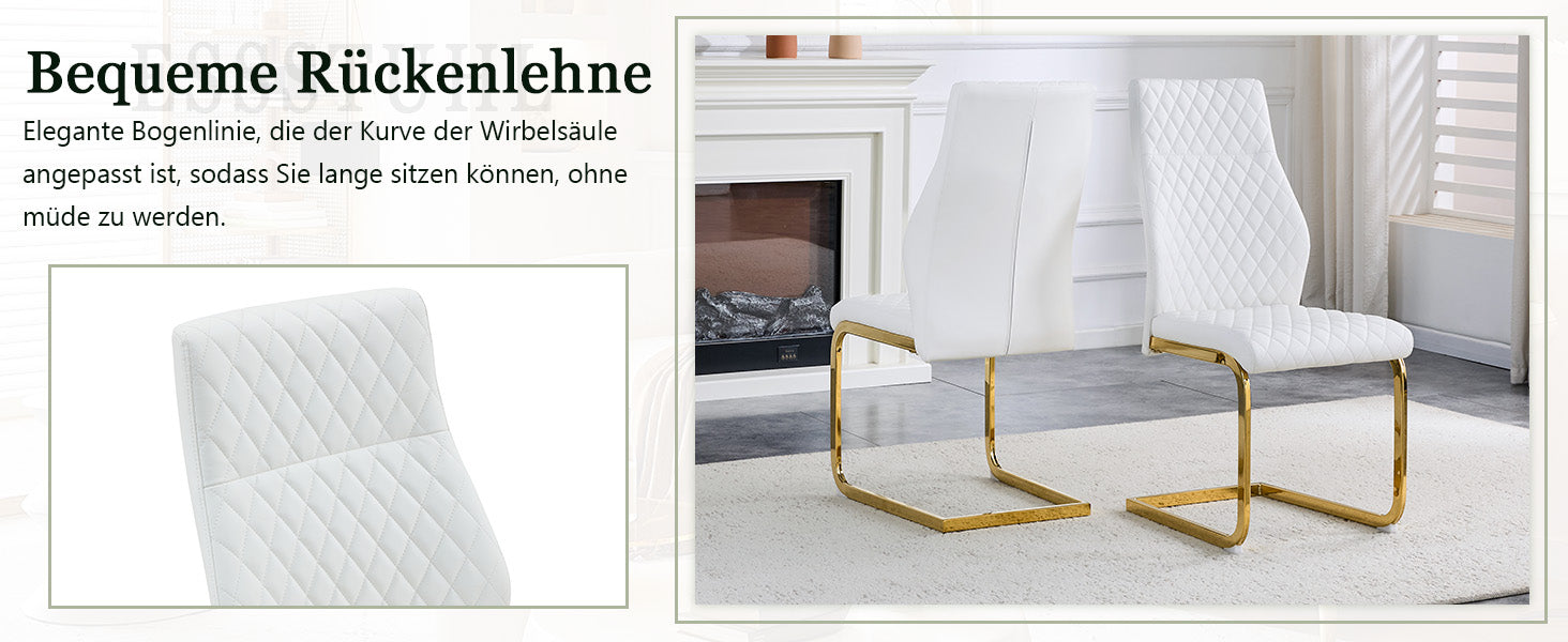 Dining Chair Set of 2, High Backrest and Padded Cushion with Diamond Pattern, White and Gold Metal