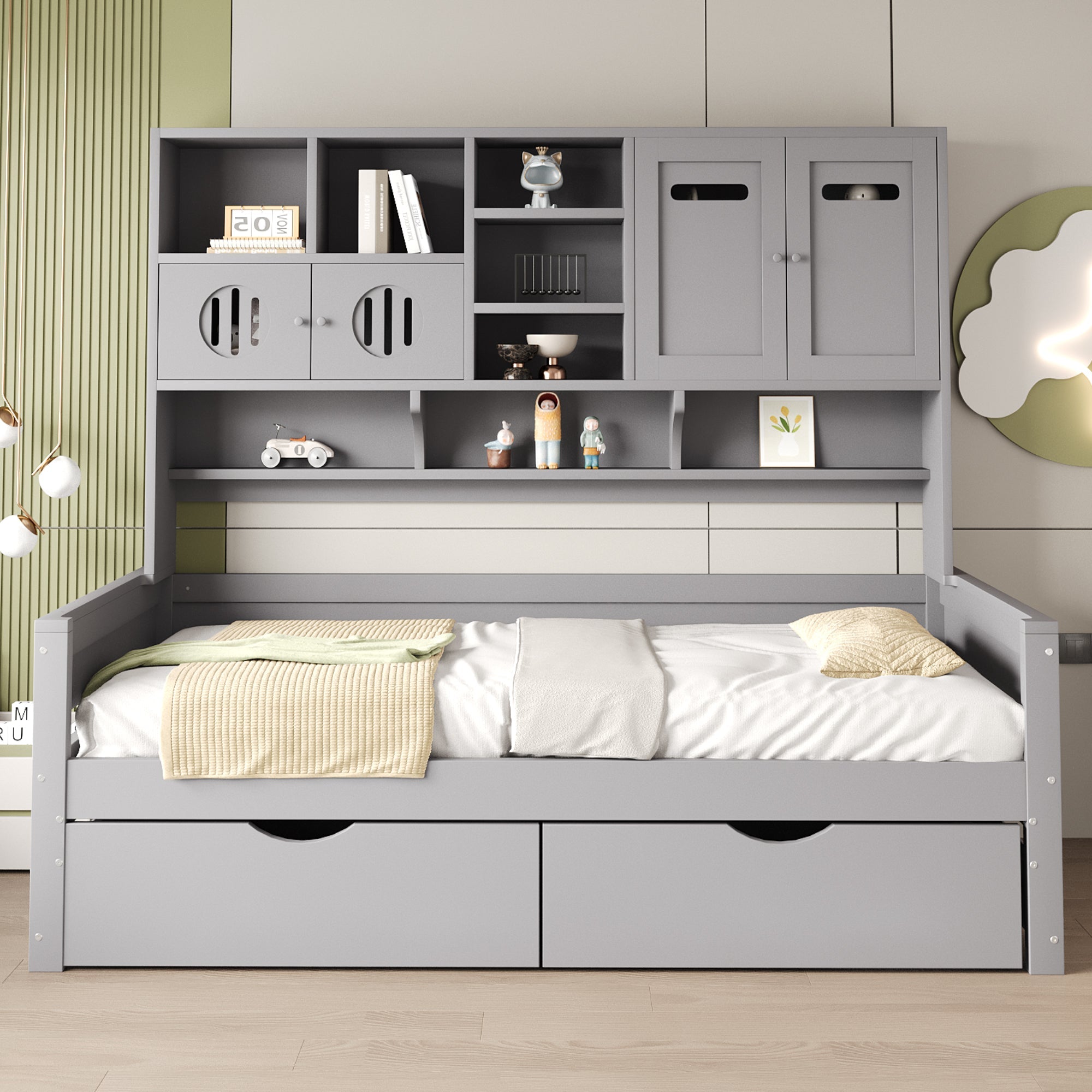 Wooden Sofa Bed, 90x200cm, Multifunctional Storage, Large Drawer, Grey