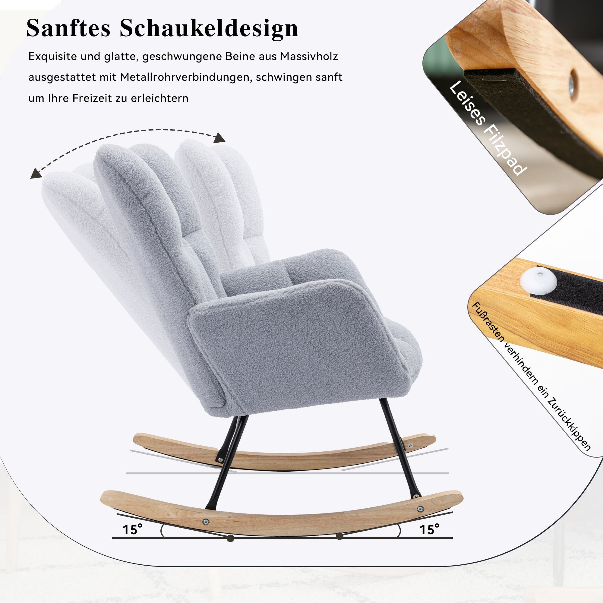 Mid century modern rocking chair with tufted cover and padded seat, light grey