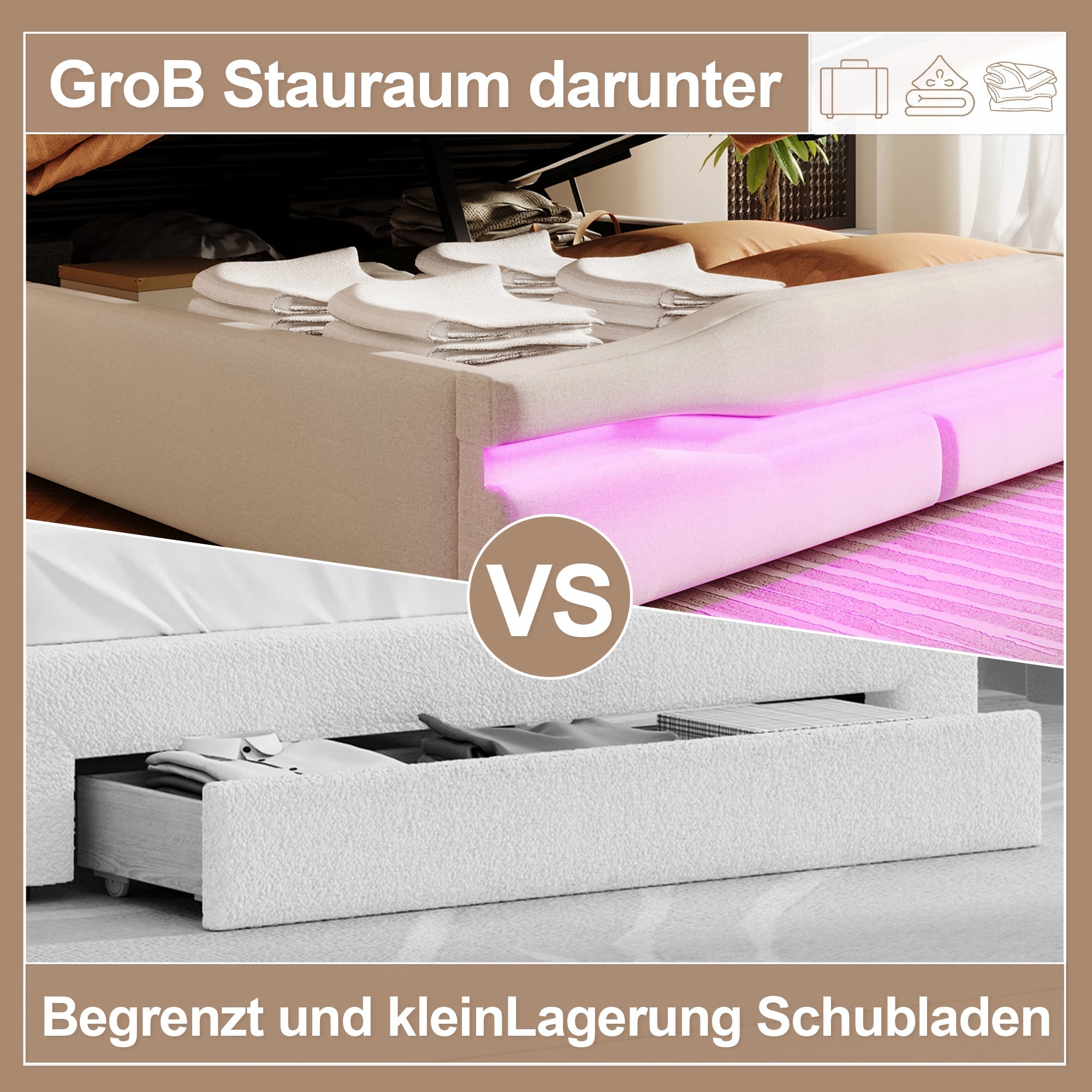 Upholstered Bed 140x200cm Hydraulic Storage USB-C LED Headboard Compartment Beige