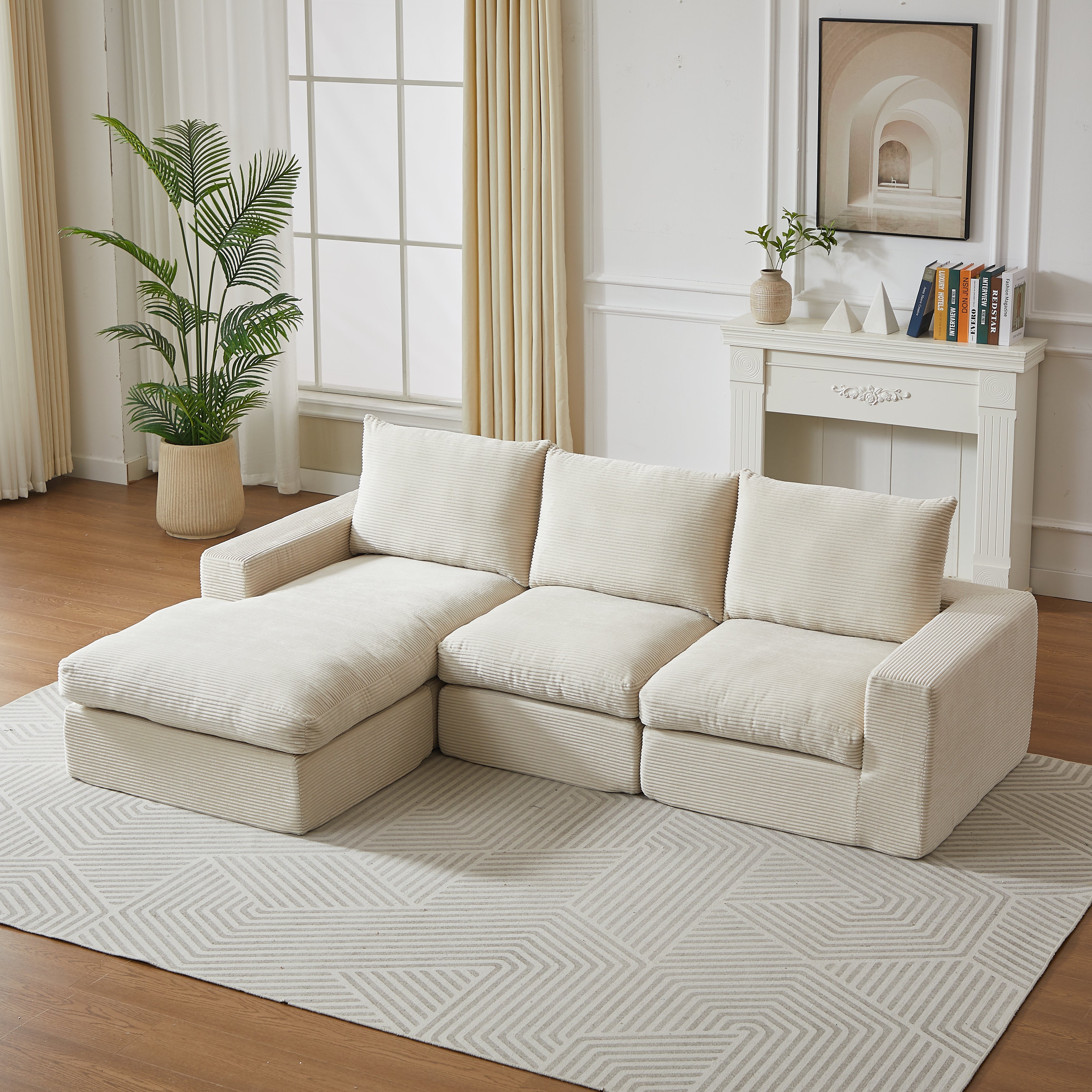 Boneless Couch L-Shaped Chaise 3 Cushions No Assembly - Corduroy