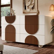 Chest of drawers 6 drawers curved design Elegant white with chocolate-colored wooden trim