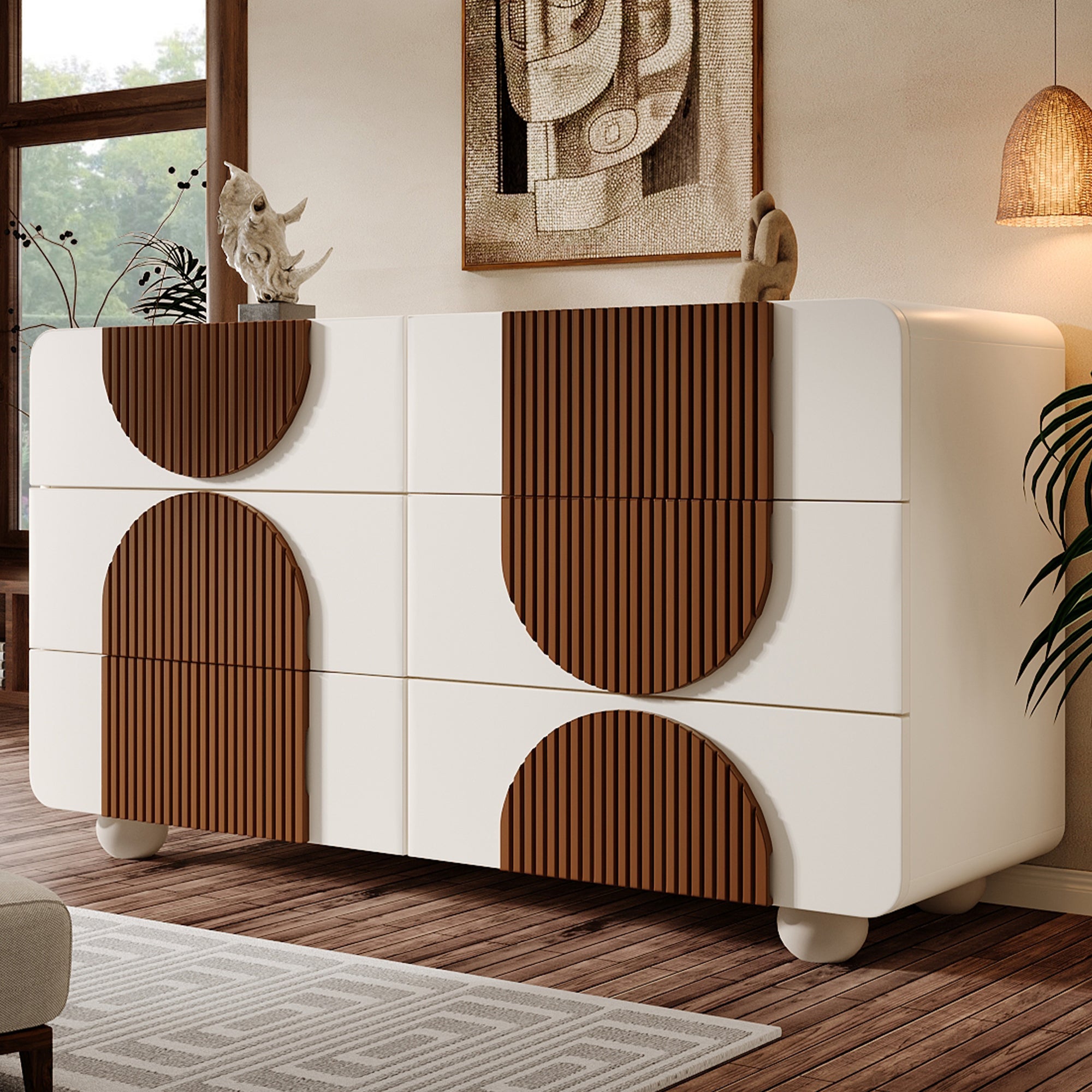 Chest of drawers 6 drawers curved design Elegant white with chocolate-colored wooden trim