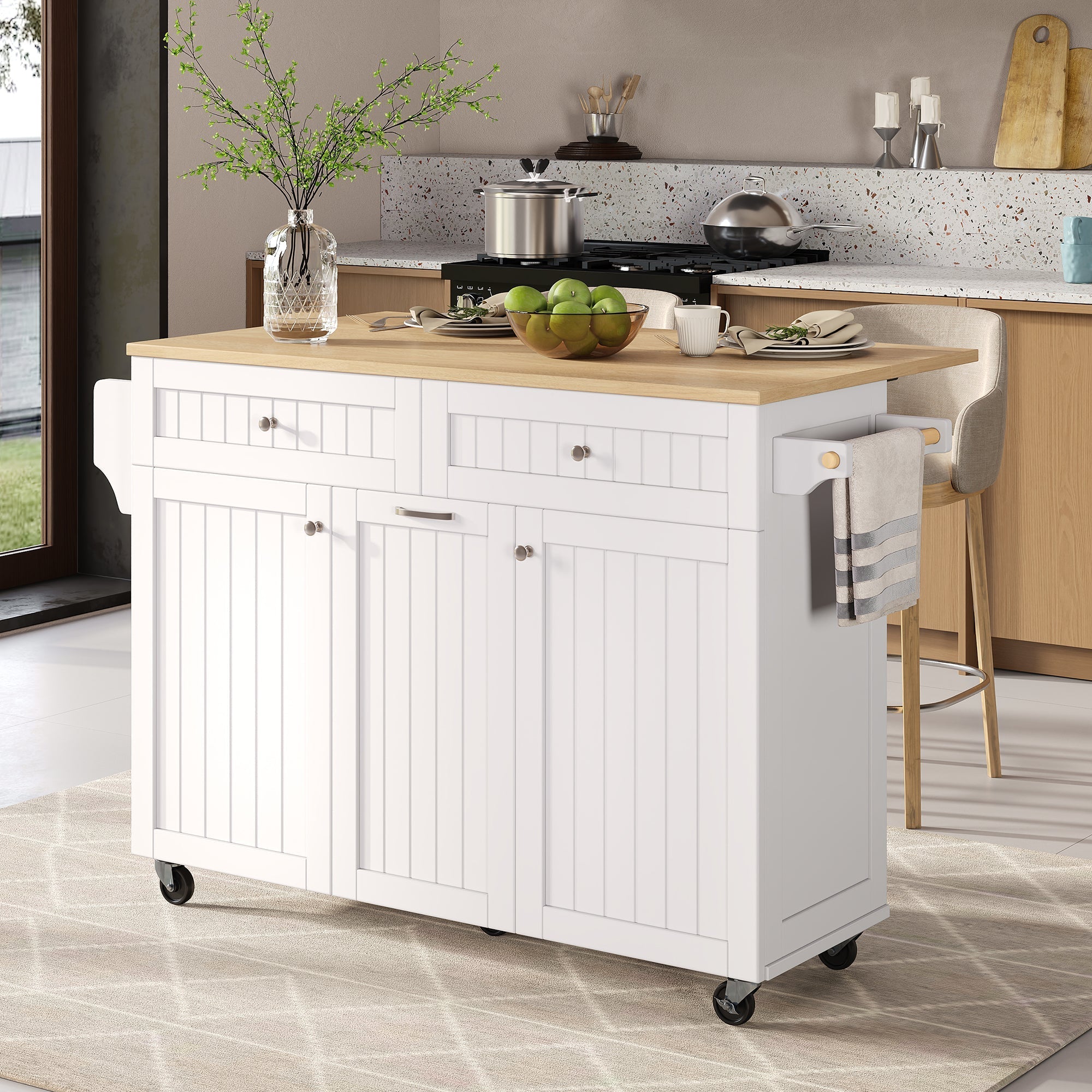 Kitchen Island Mobile Extendable Dining Area Drawers - White