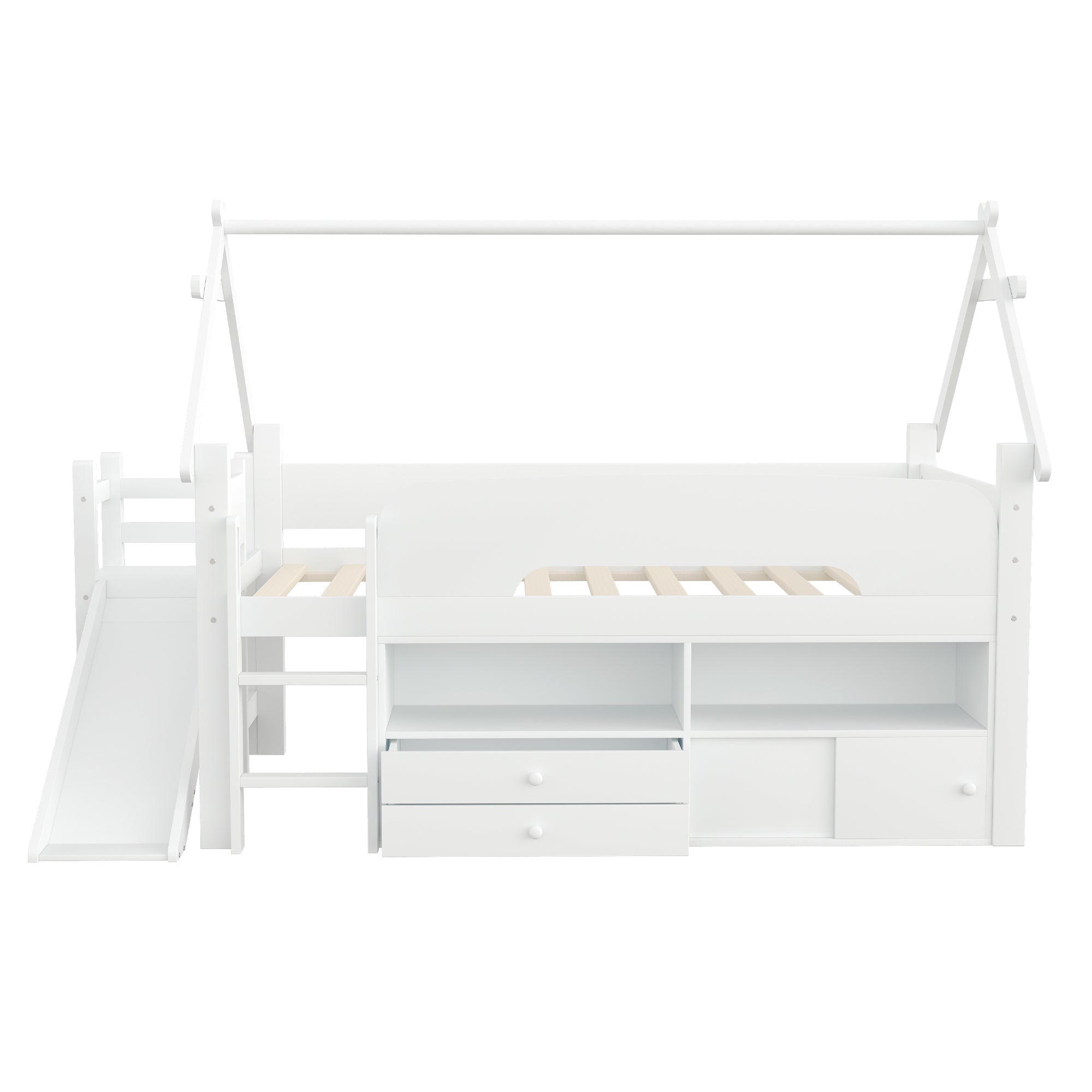 Children's Loft Bed with Roof Frame, Slide, and Storage, White Solid Wood
