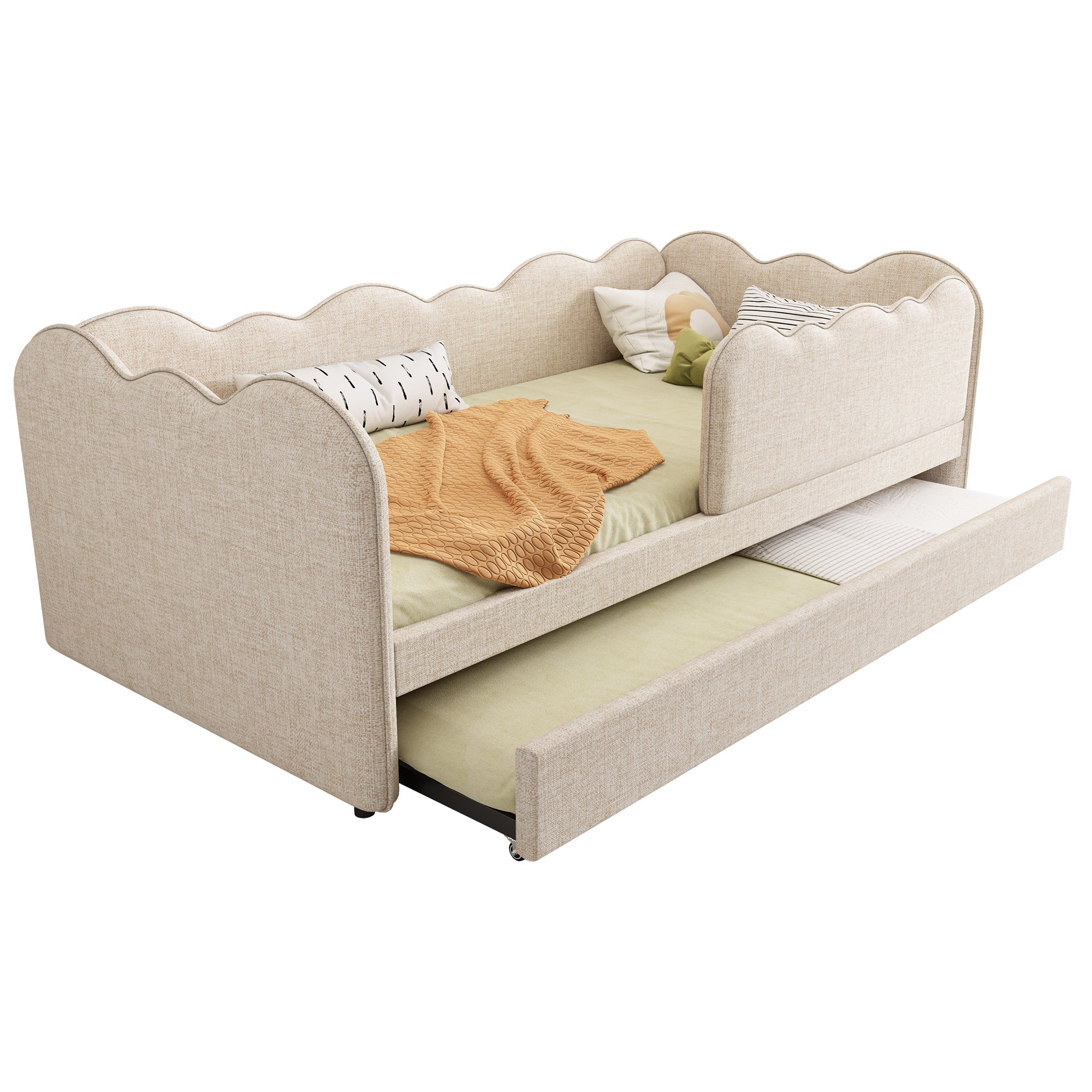 Upholstered Daybed with Pull-Out Trundle, 3FT Single Sofa Bed for Adults & Children, Linen Beige