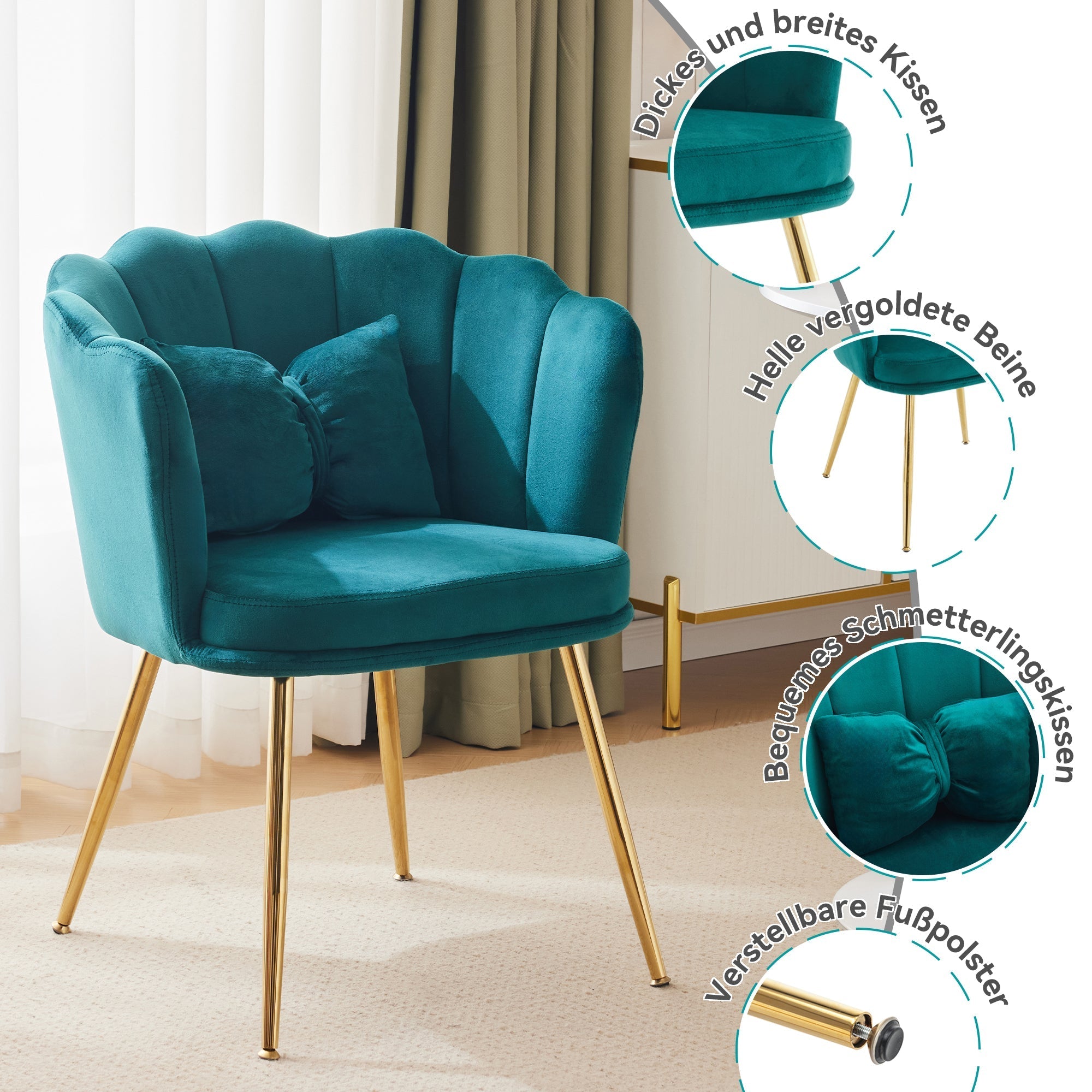 Modern velvet armchair, comfortable upholstered with petal back, gold-plated metal legs and butterfly cushion