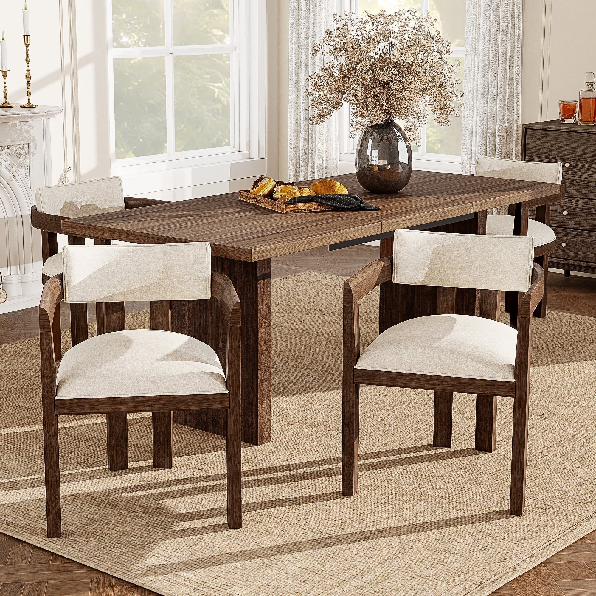 4 Solid Wood Dining Chairs Modern Style Linen Seat Walnut Wood Color