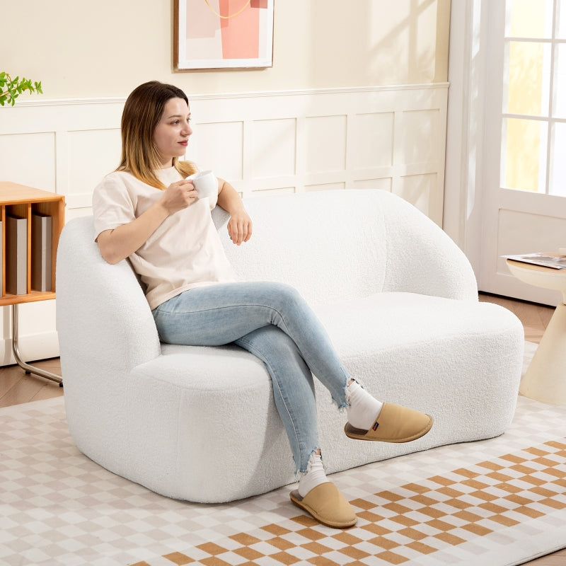2-Seater Sofa, Curved Design Upholstered with Fleece Cover, Cream White