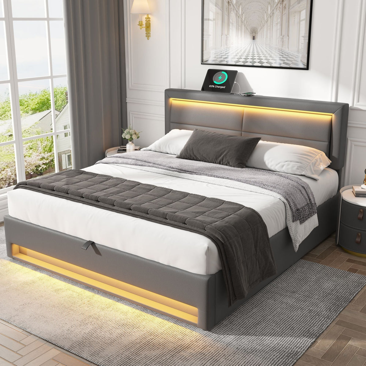 Upholstered Bed 140x200cm USB Charging LED Light Storage PU Lychee Grey