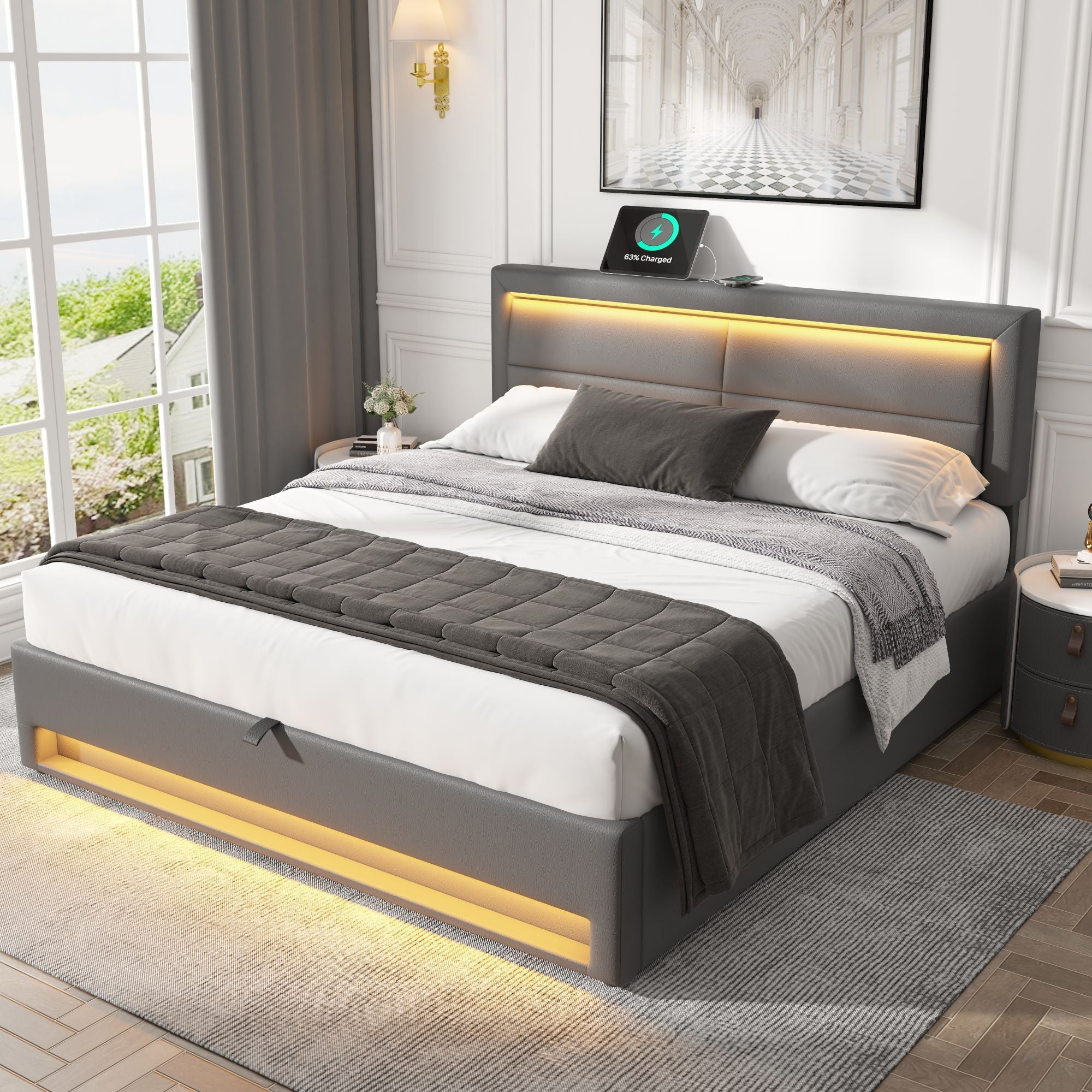 Upholstered Bed with Wireless Charging, USB Port, LED Lighting and Storage, 160x200cm, Grey PU Lychee Pattern