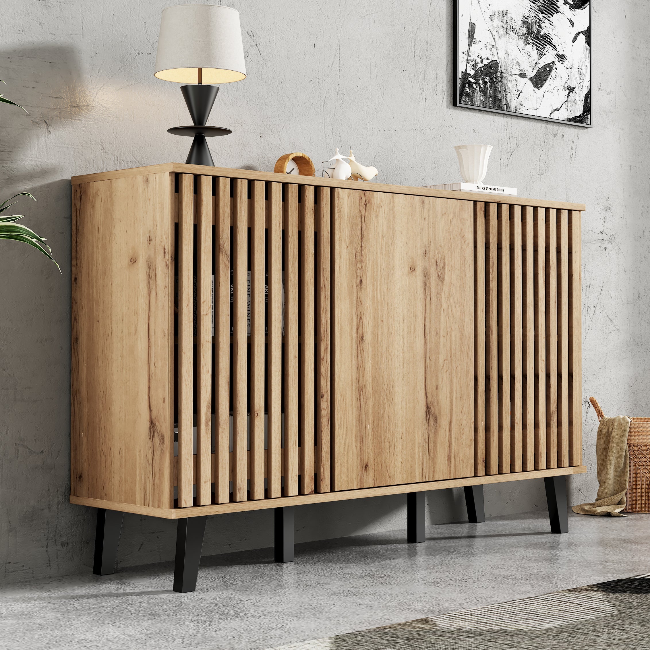 Side Cabinet 150x40x95cm, 3-Door 6 Storage Compartments, Sideboard Table