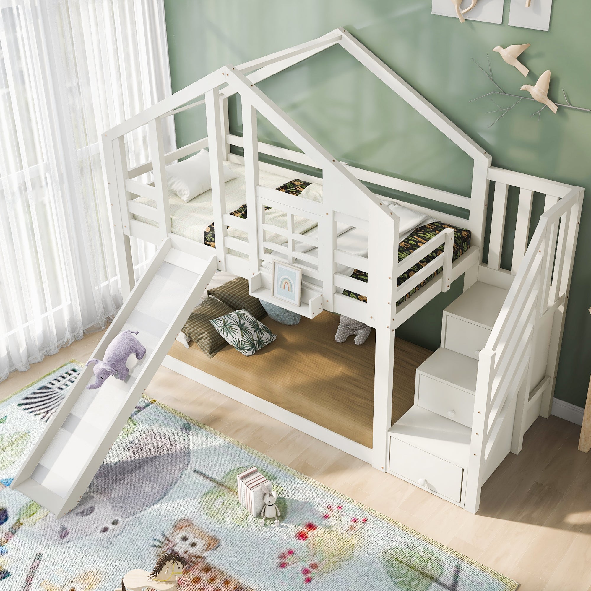 Children's Bed Tree House 90x200cm, Bunk Bed with Slide & Fall Protection, White