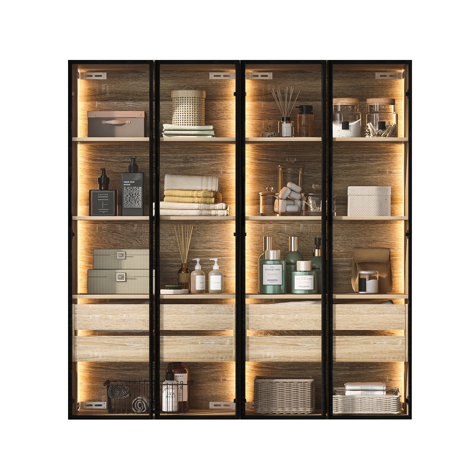 Bathroom Cabinets, Set of 2 Medium with Light Strip, 73cm Wide, 2 Drawers, 2 Doors, Glass