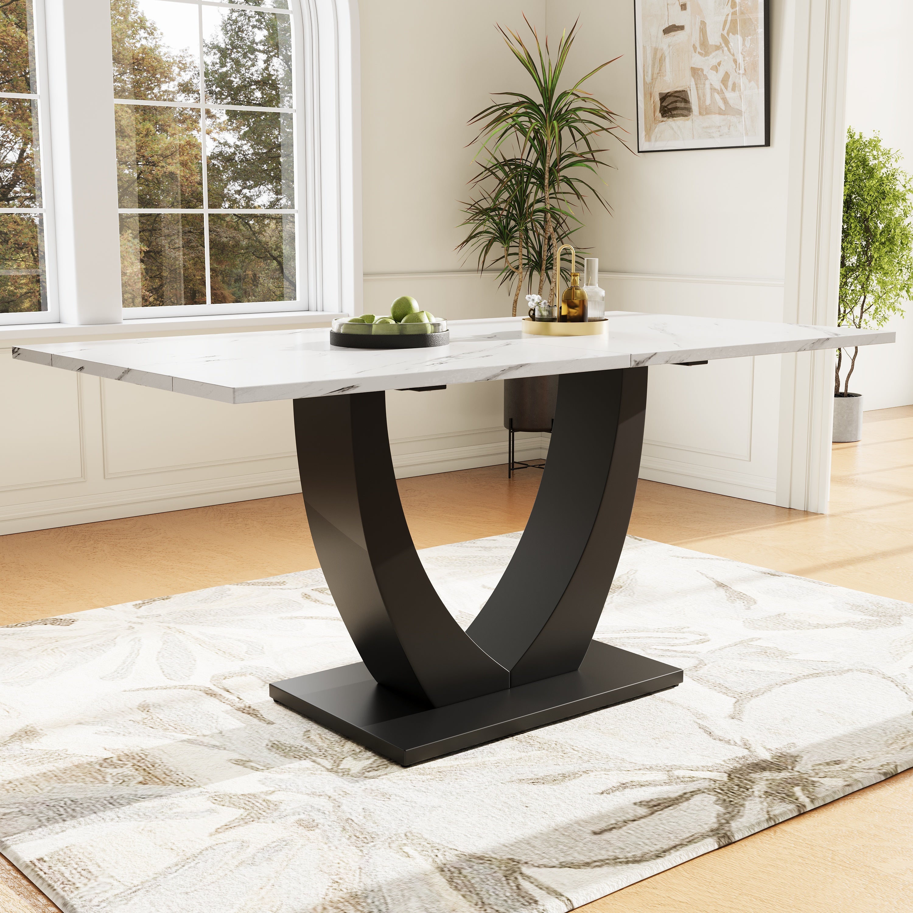 Dining Table Set 5-Piece Modern U-Shaped White Marble Grey Velvet