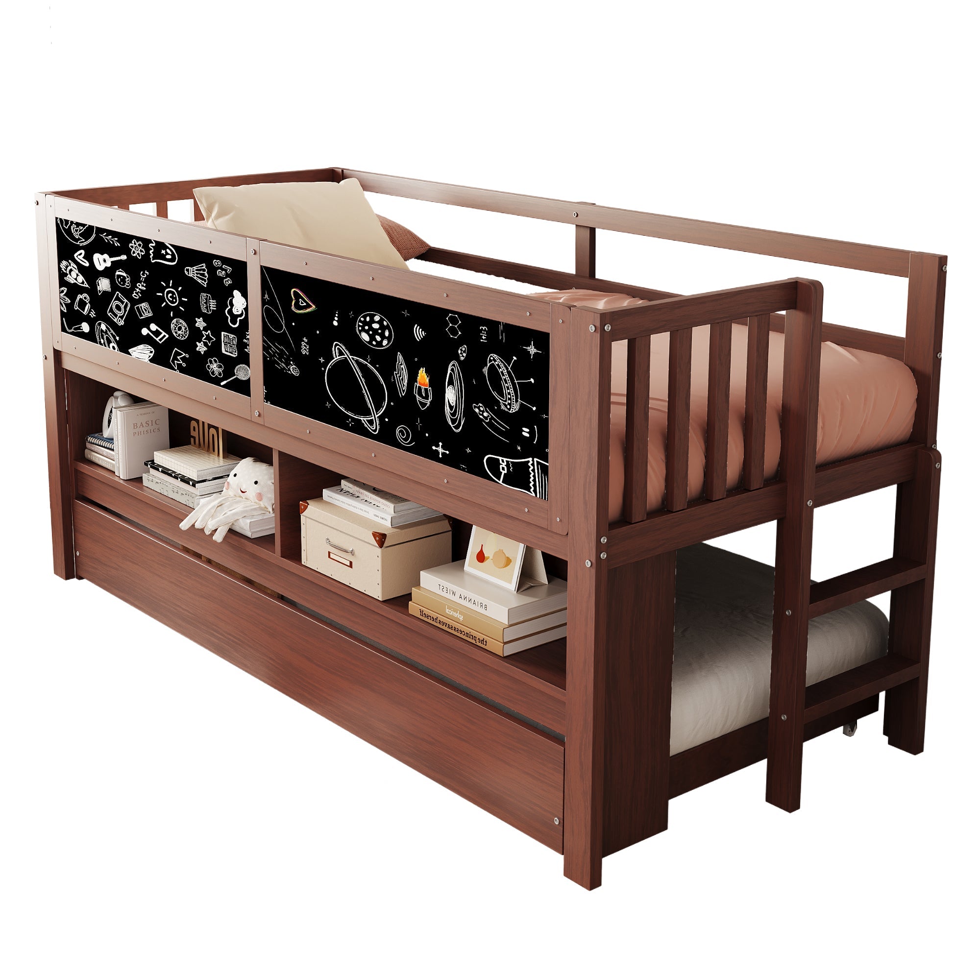 Extendable House Bed 90x200cm with Chalkboard, Storage & Climbing Ladder - Solid Wood Brown