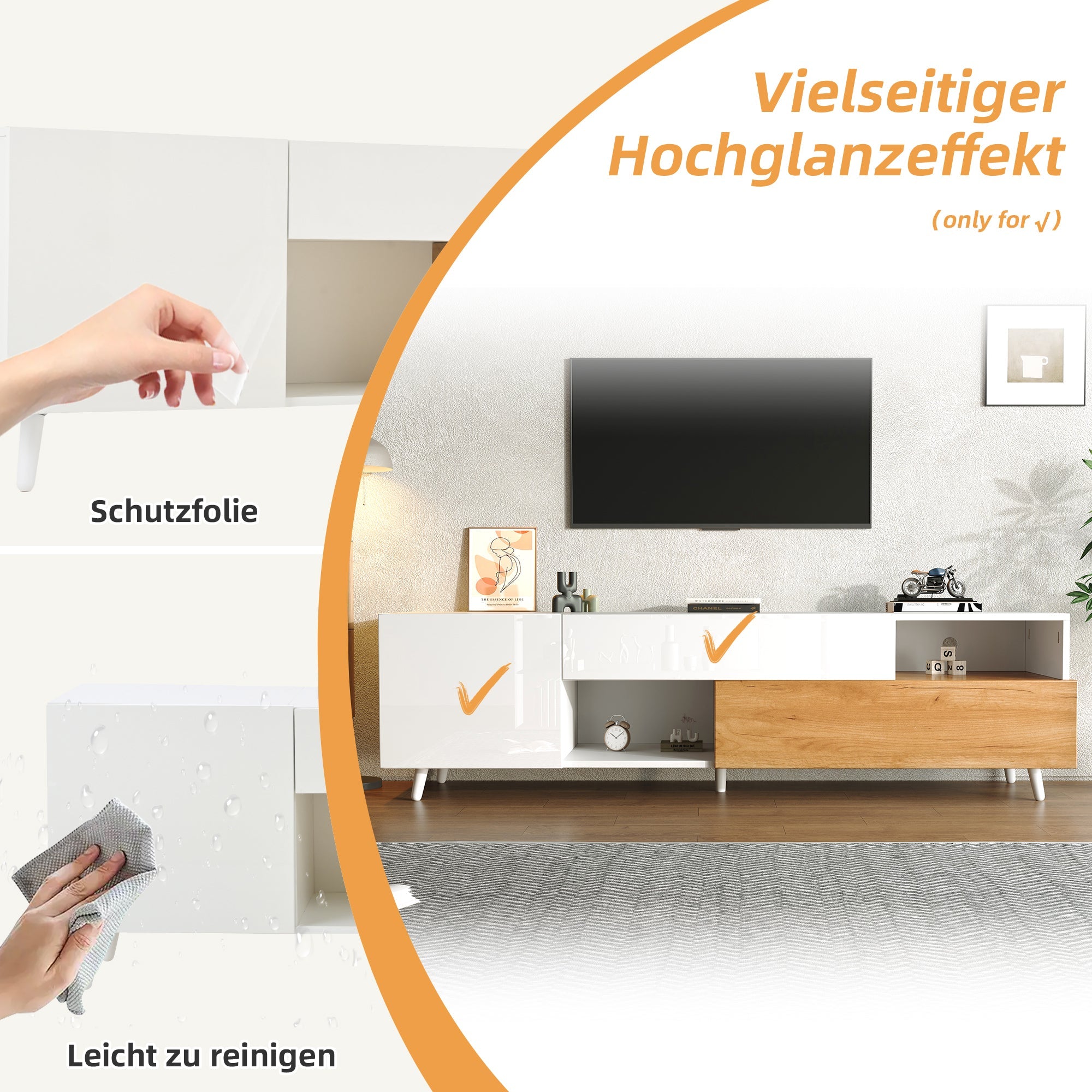 TV Cabinet, 180cm Lowboard with 1 Drawer & 7 Compartments, High-Gloss Finish