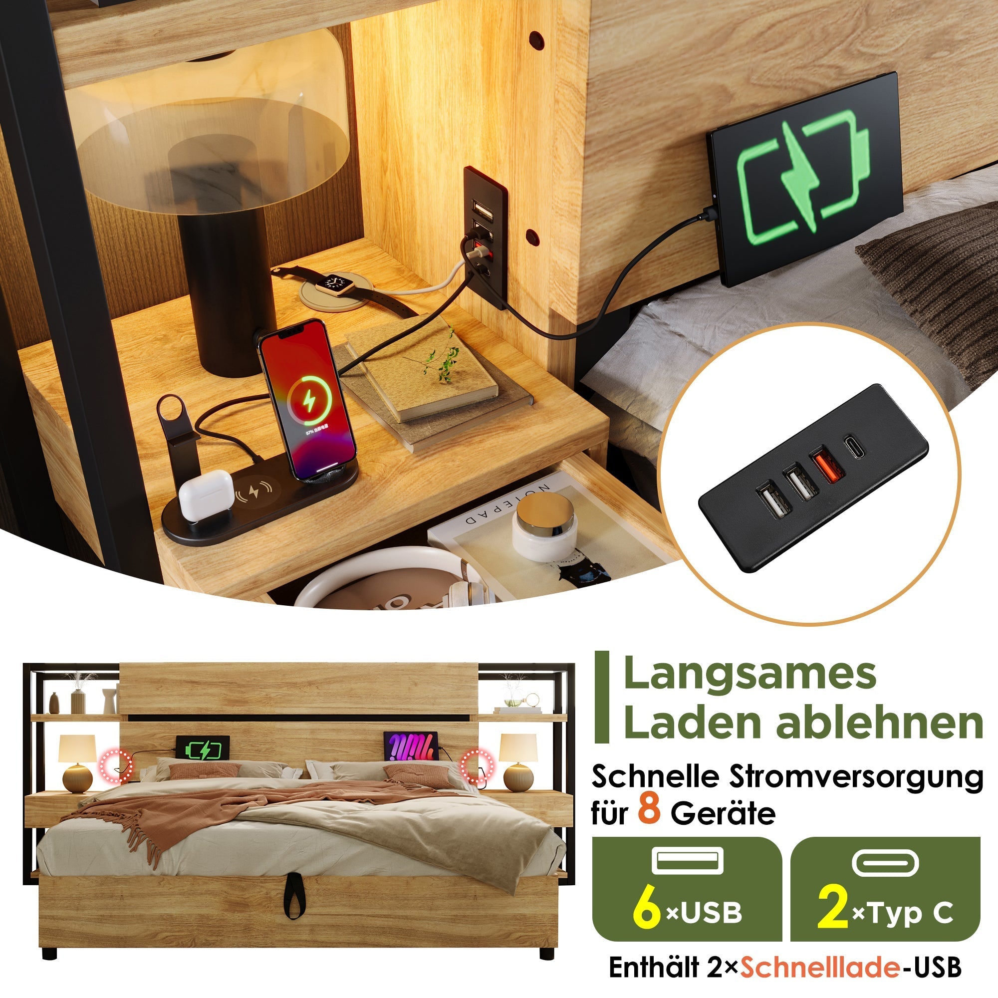 Wooden Double Bed 160×200cm Hydraulic Storage Headboard USB Charging Oak Color