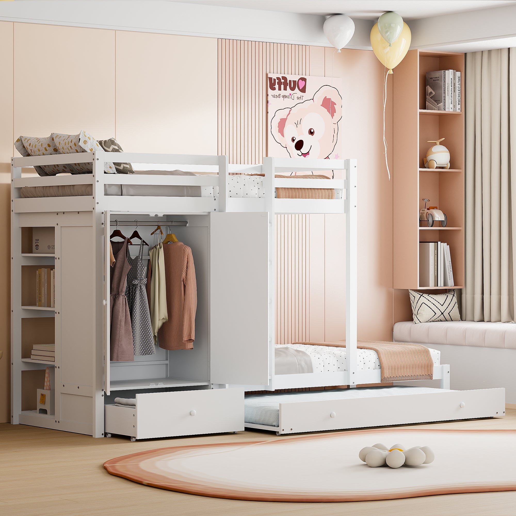 Bunk Bed 90x200 with Pull-Out Bed & Storage, Solid Wood, White