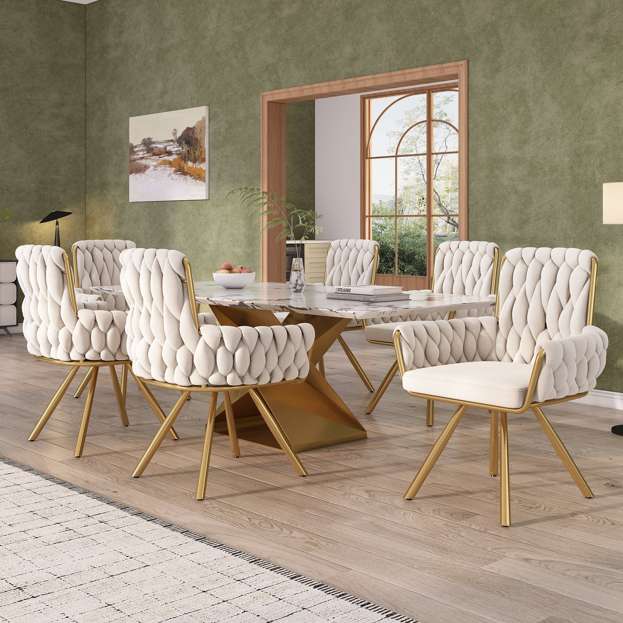 Velvet Dining Chair Set of 6, Luxury Swivel Armchair with Metal Legs, Beige