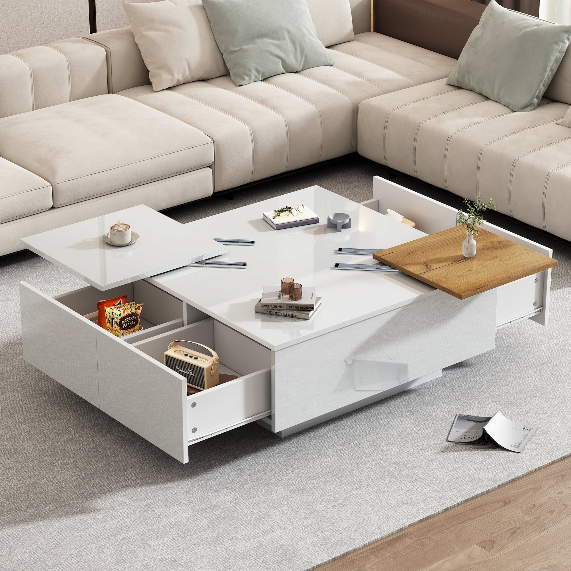 Coffee Table, Square with Storage & Sliding Tabletop, High-Gloss White Wood