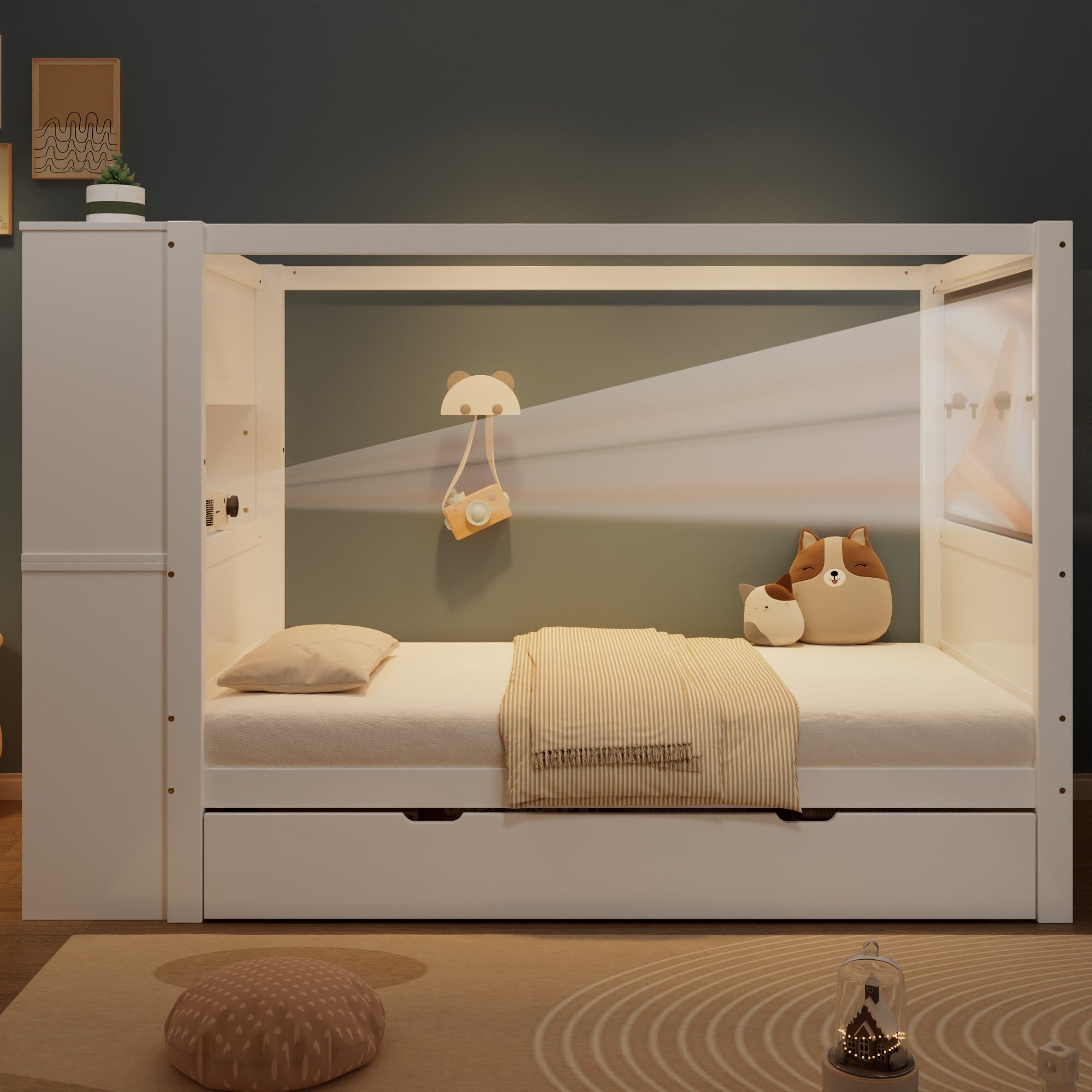 Single bed with safety rail, storage, 5 drawers, white+natural, pine+PB