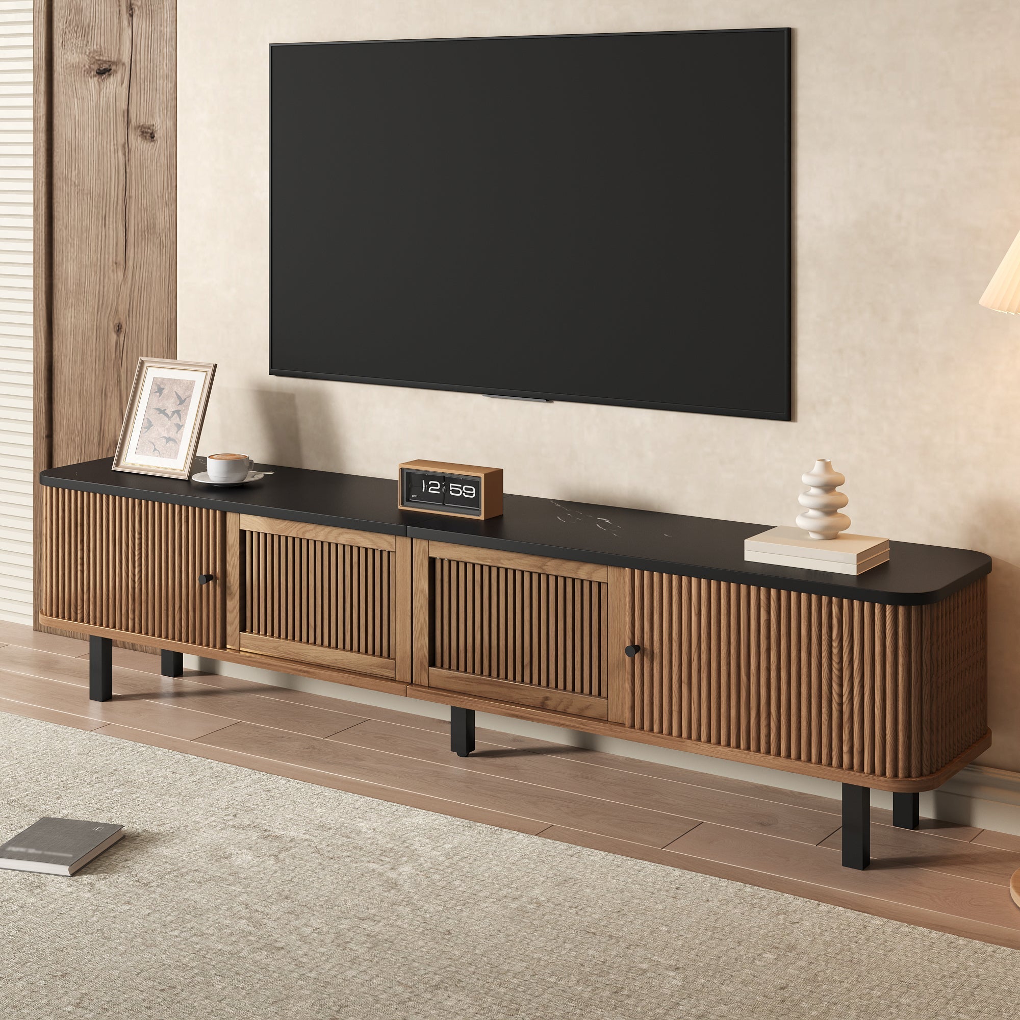 Modern TV Cabinet with Sliding Mesh Doors and Unique Design, Oak Wood Look