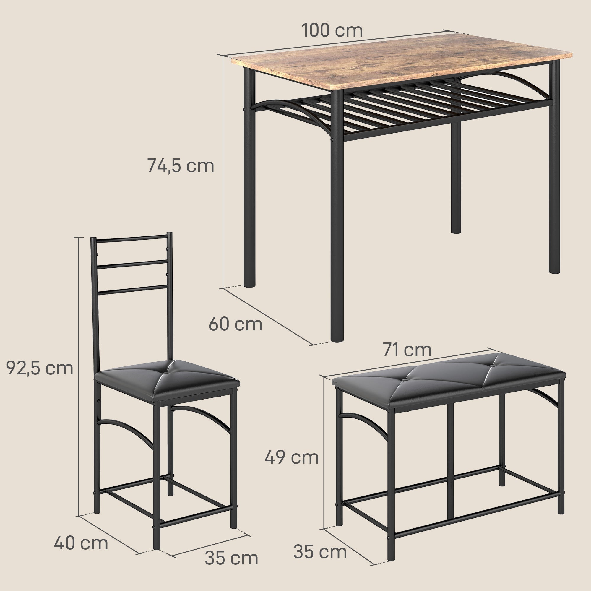 Dining Set 4-Piece Space-Saving Table 2 Chairs Bench, Brown