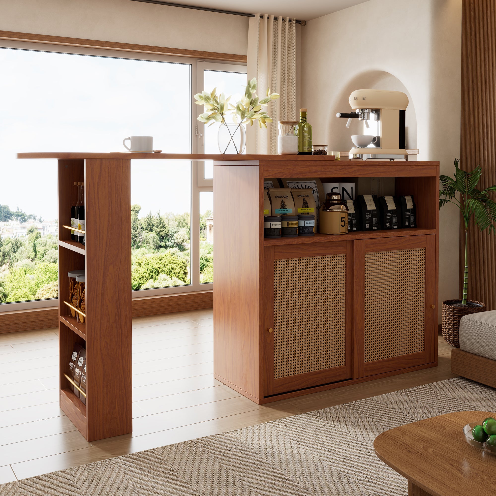 Extendable Bar Table, Adjustable Shelves Rattan Weave