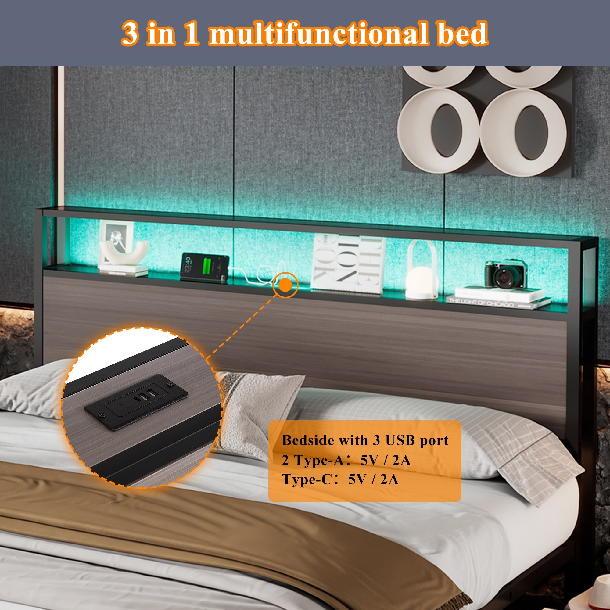 Metal Bed, 4ft6 Double with LED Lights, 4 Drawers, and USB/Type C Ports, Wrought Iron Grey