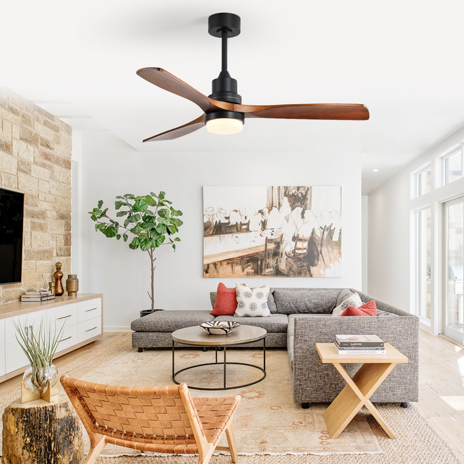 52-inch Ceiling Fan with Light, 6 Speed, Remote Control, DC Motor, Walnut Wood