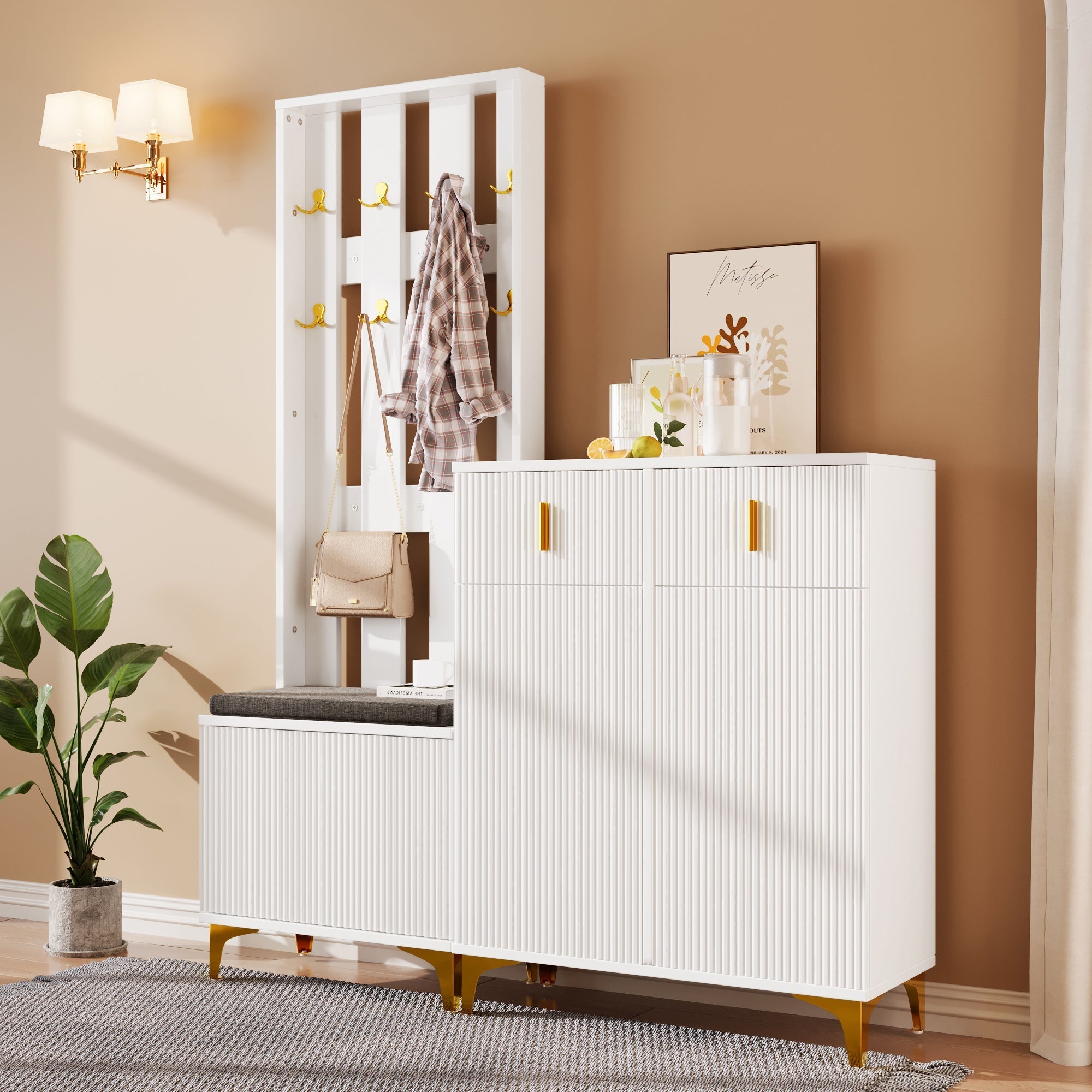 Wardrobe Set with Shoe Bench, Cushions, Hooks, Drawers, and Doors, White