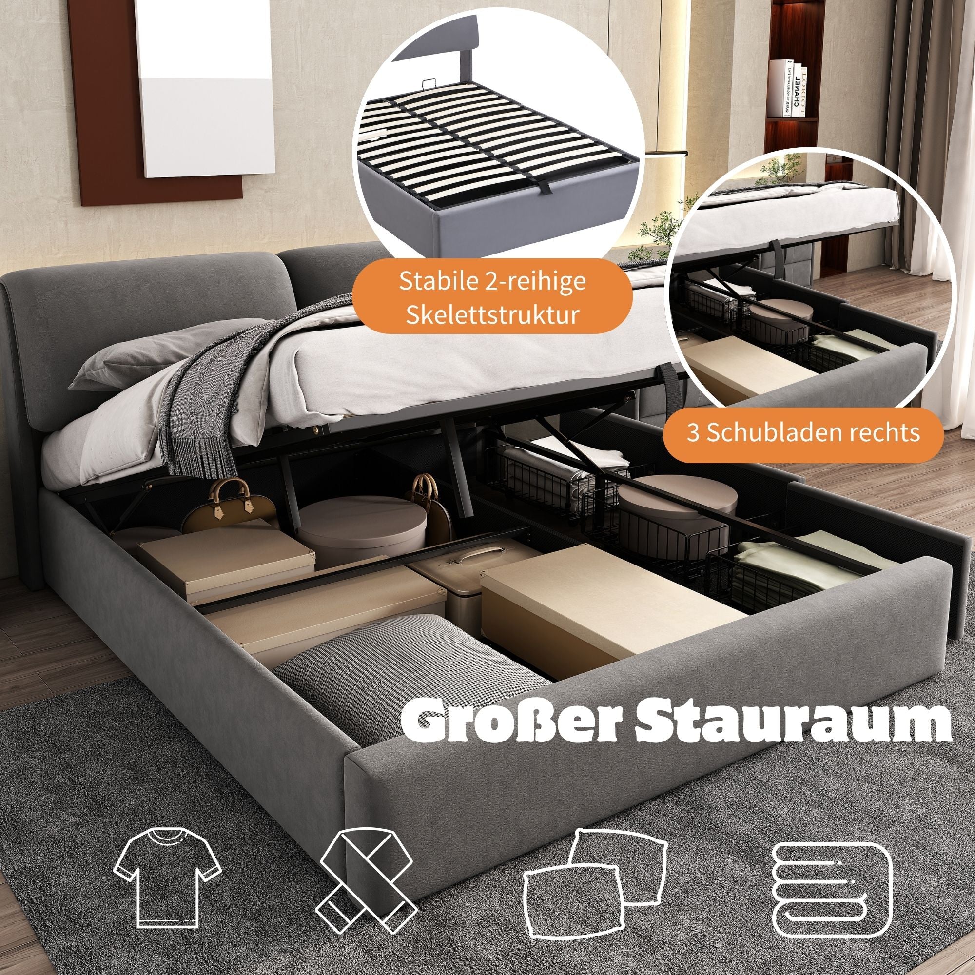 Upholstered Bed with Hydraulic Lift and 3 Drawers, 140x200 cm, Grey Velvet